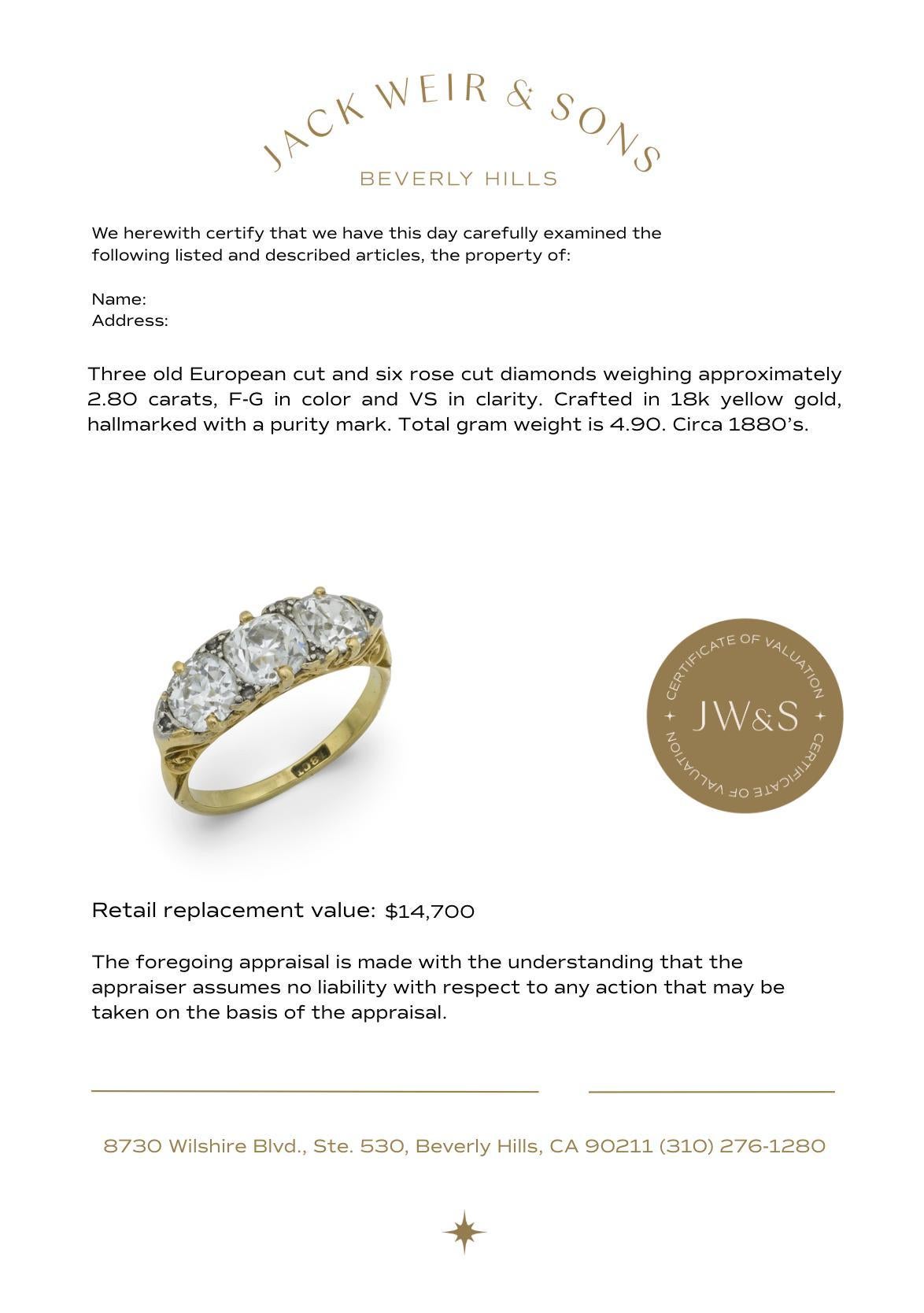 Bague victorienne de 2,80 carats de diamant en or jaune 18k à 3 pierres en vente 2