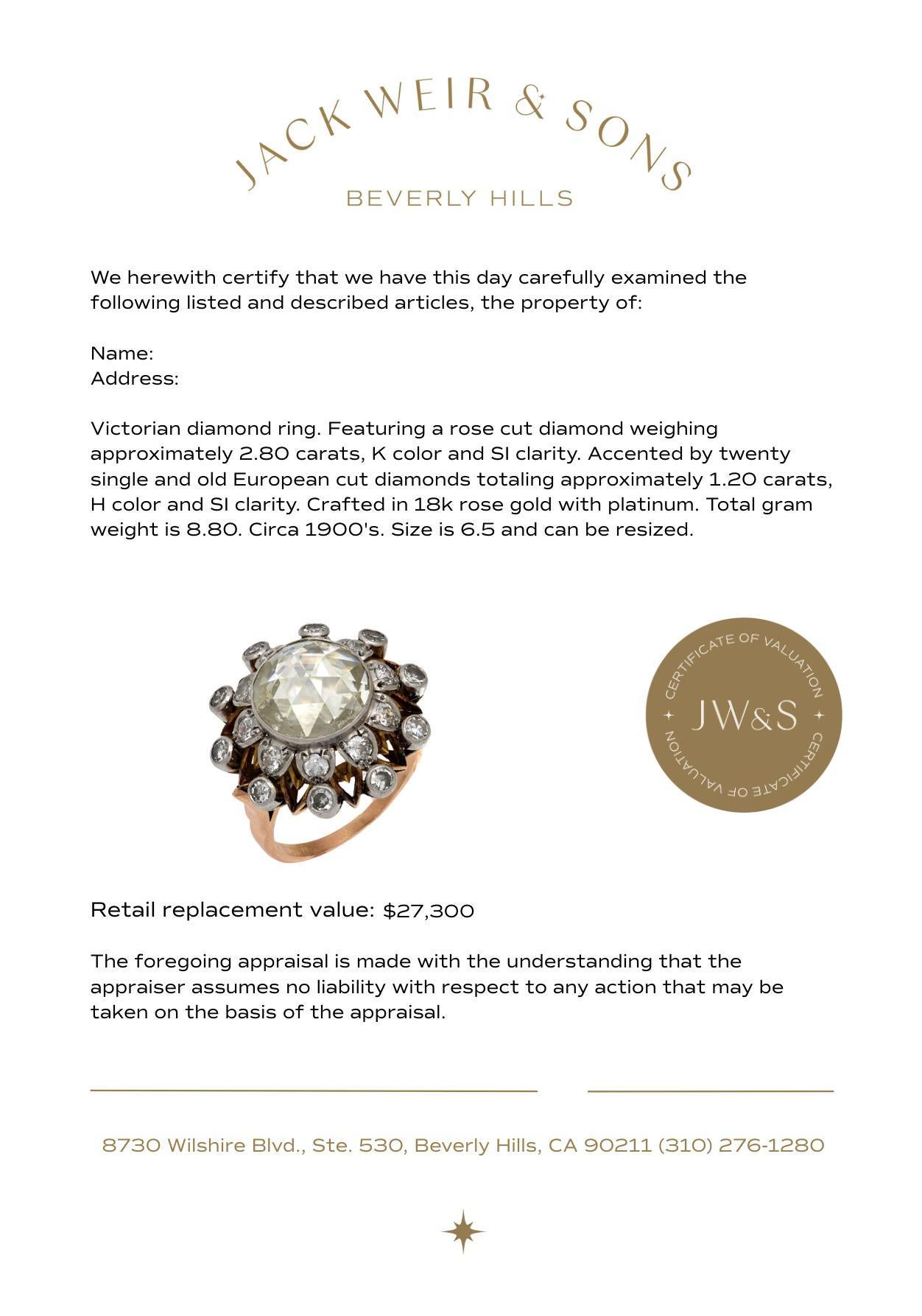 Women's Victorian 2.80 carat rose cut diamond 18k rose gold cluster ring For Sale