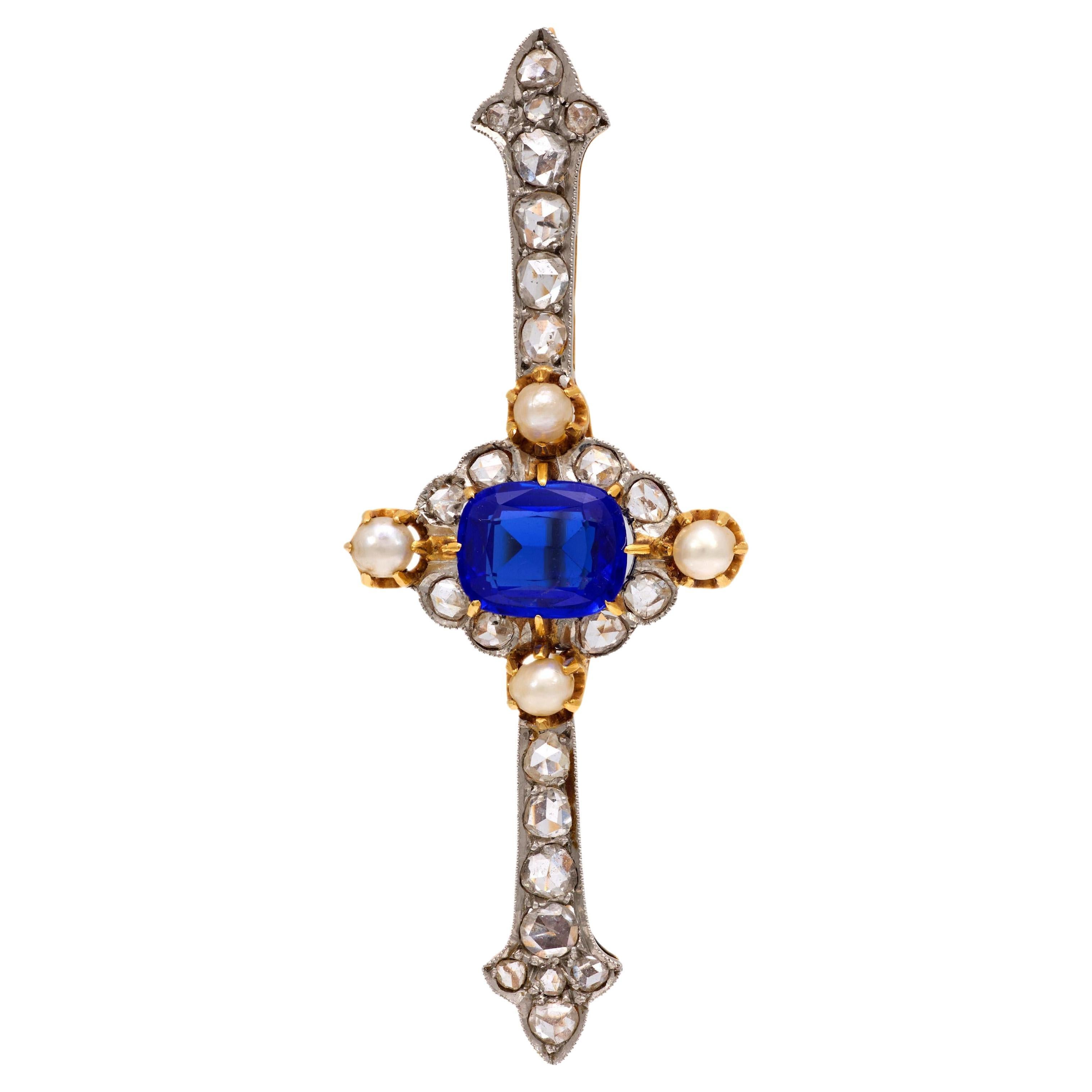 Victorian 2.80 carat synthetic sapphire diamond pearl 18k yellow gold brooch