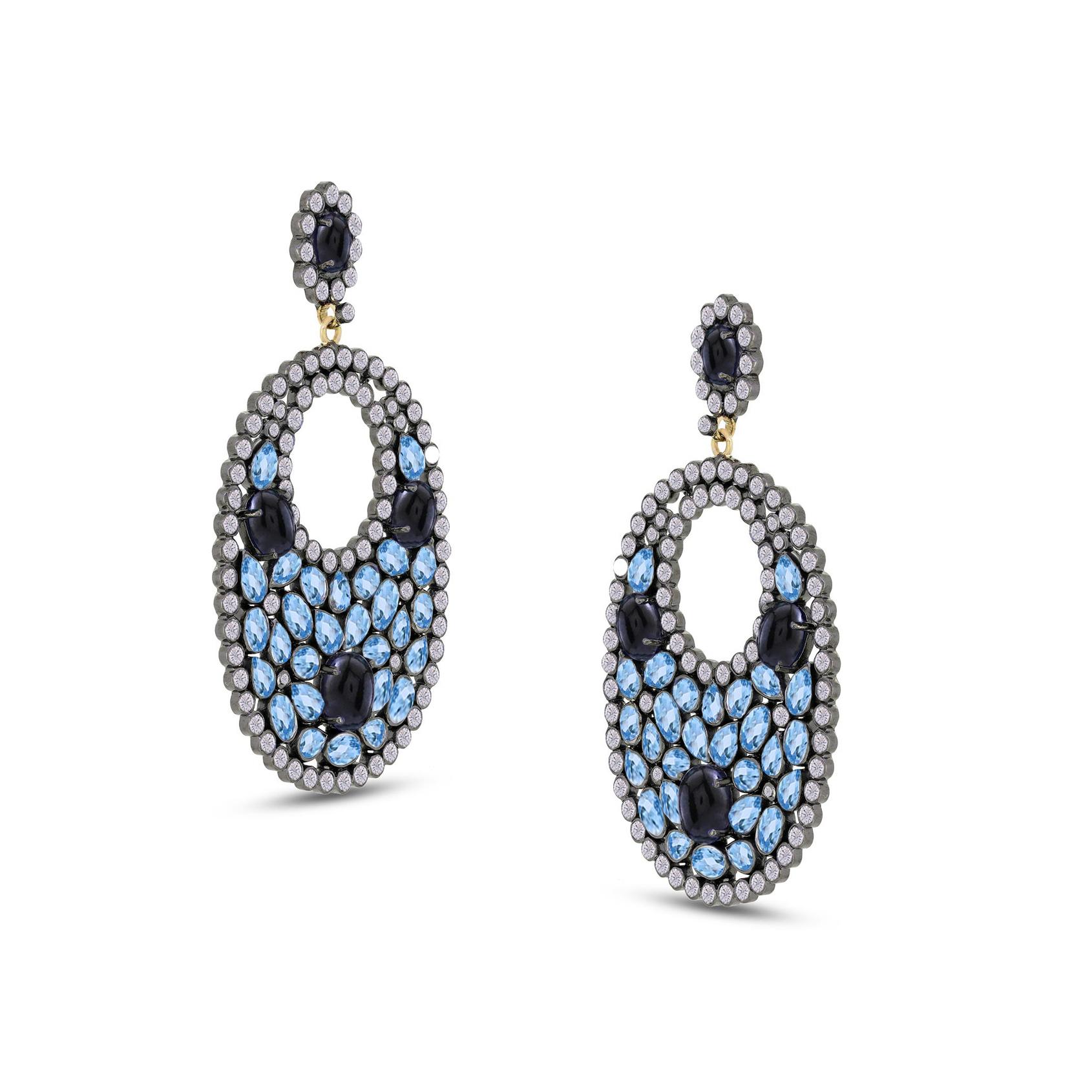 Deck out your earlobes in these majestic Victorian 28.1 Ct. t.w. Swiss Blue Topaz, Black Jade and White Natural Zircon drops by Gemistry. Featured with an enchanting mix of dazzling Swiss Blue Topaz that is intricately arranged in a circular design