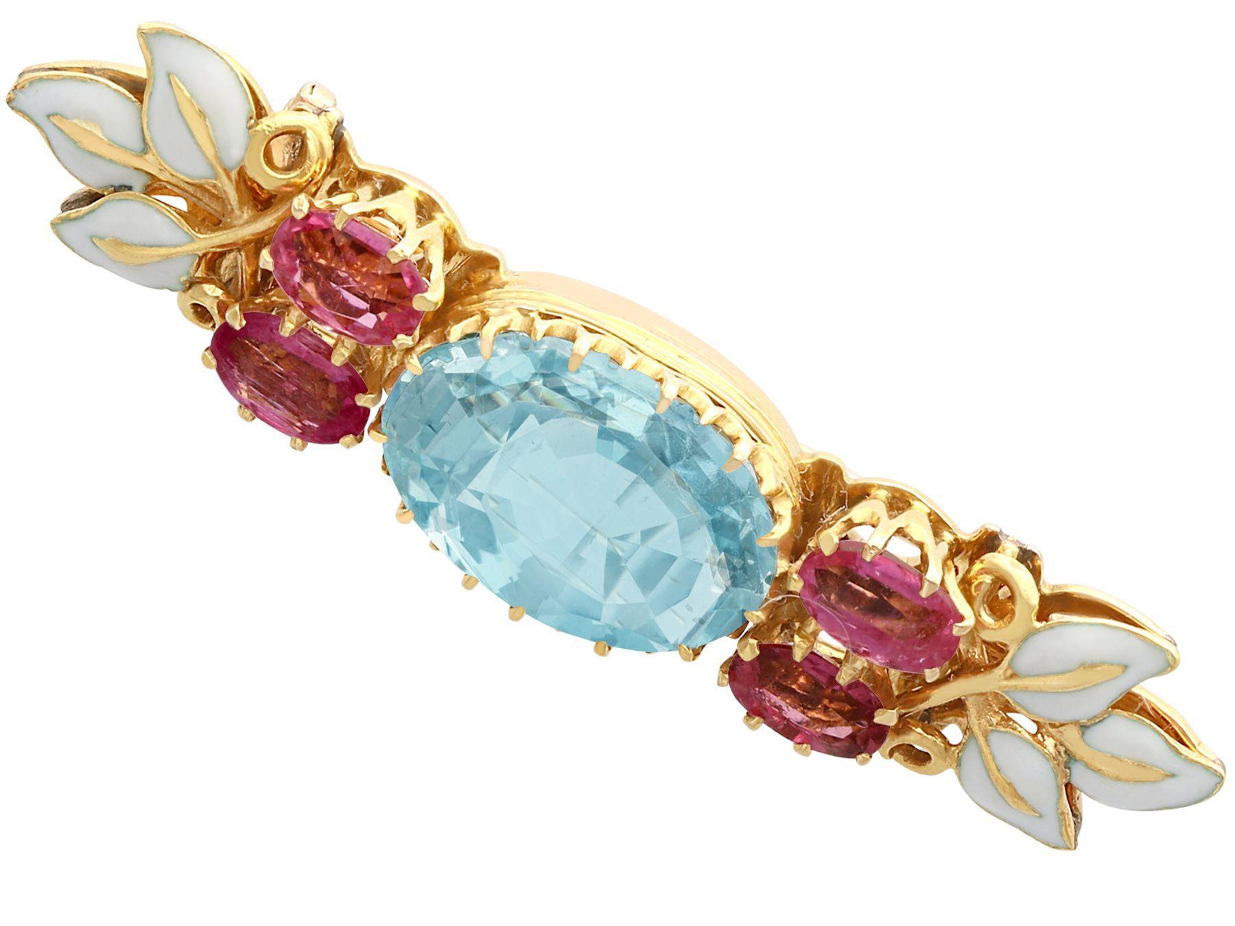 Oval Cut Victorian 2.84ct Aquamarine and 1.32ct Morganite Enamel and Yellow Gold Brooch For Sale