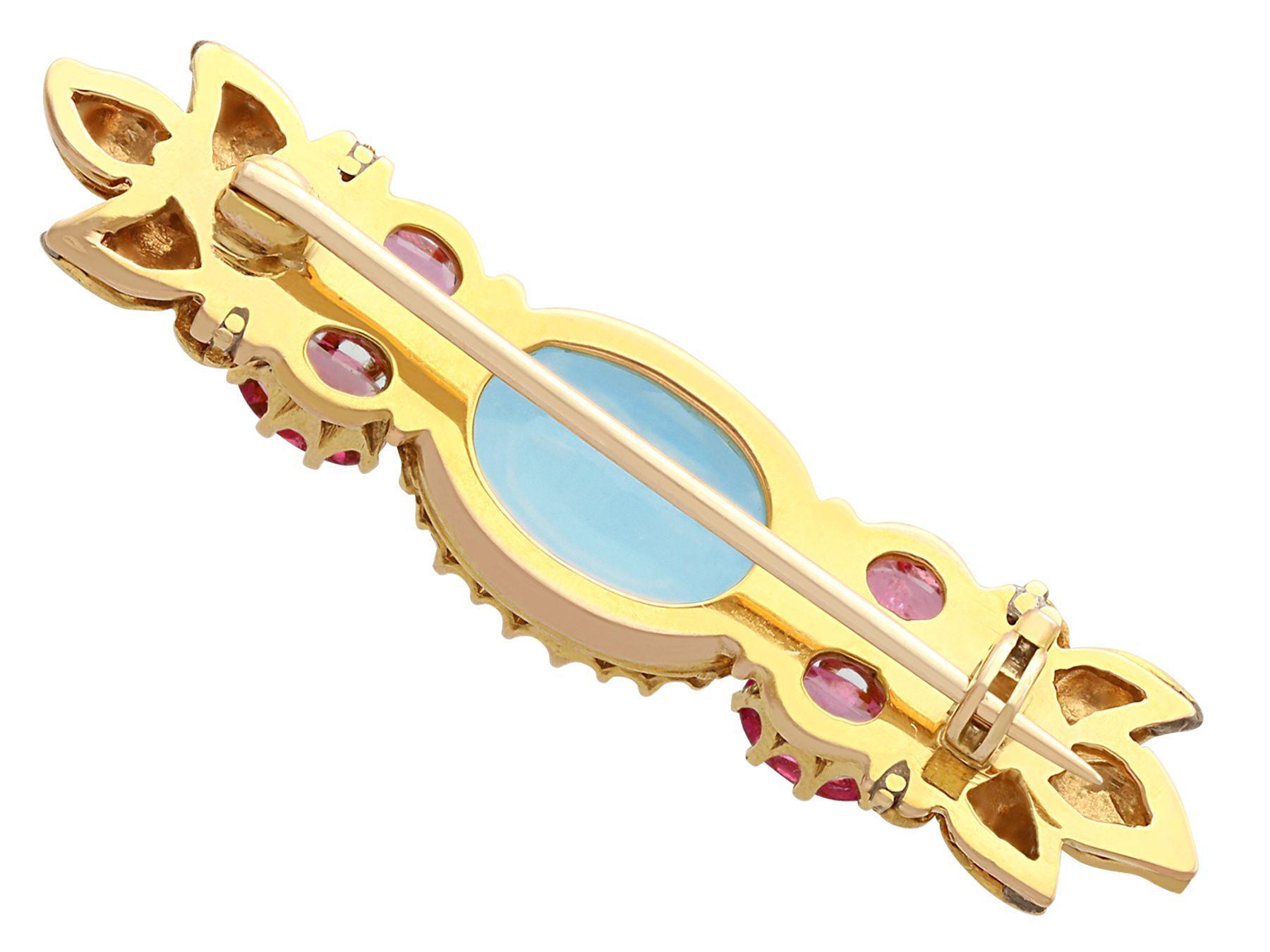 Women's or Men's Victorian 2.84ct Aquamarine and 1.32ct Morganite Enamel and Yellow Gold Brooch For Sale