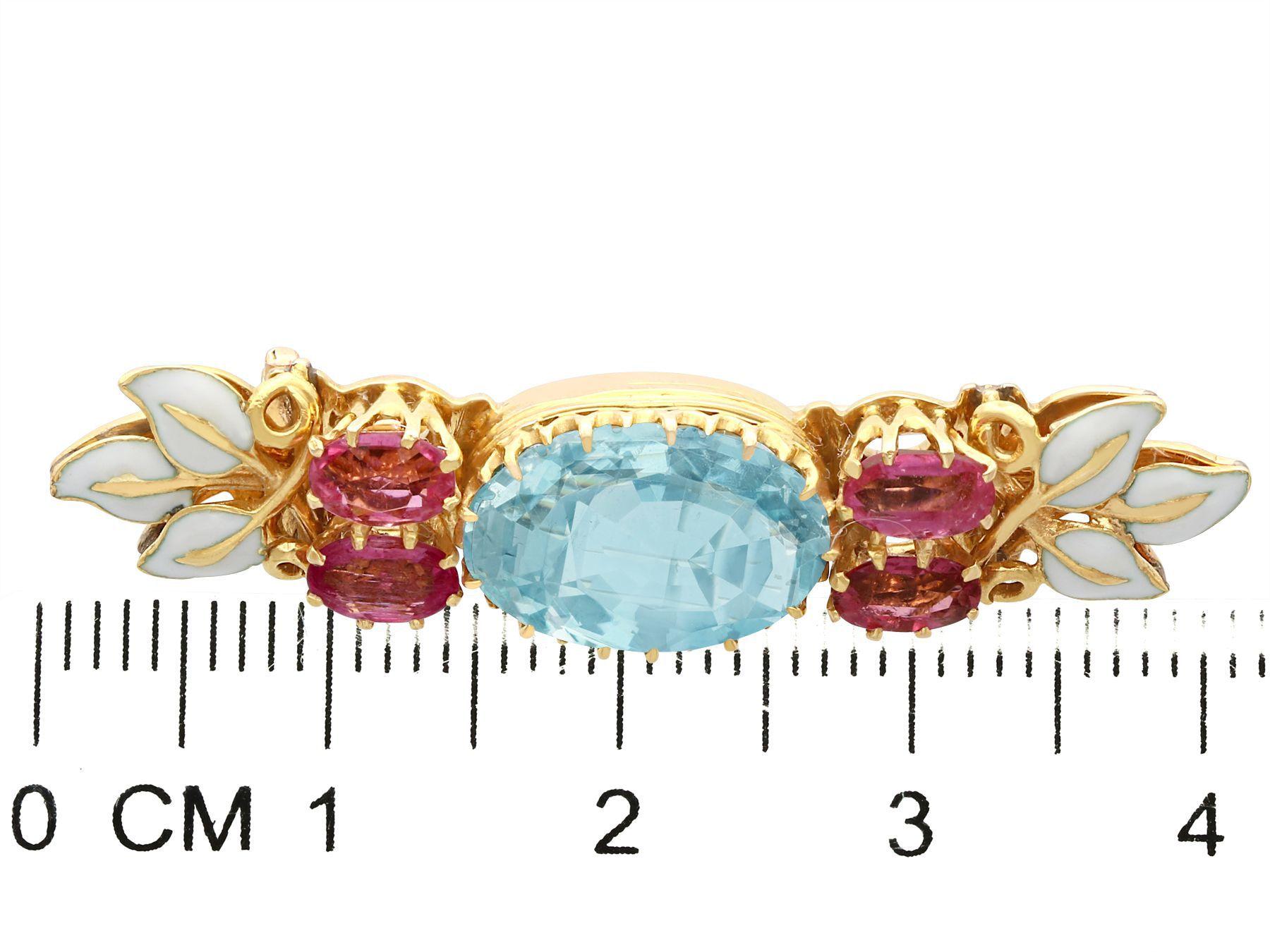 Victorian 2.84ct Aquamarine and 1.32ct Morganite Enamel and Yellow Gold Brooch For Sale 2
