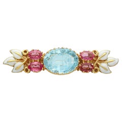Broche victorienne en or jaune et émail morganite de 1,32 carat avec aigue-marine de 2,84 carats