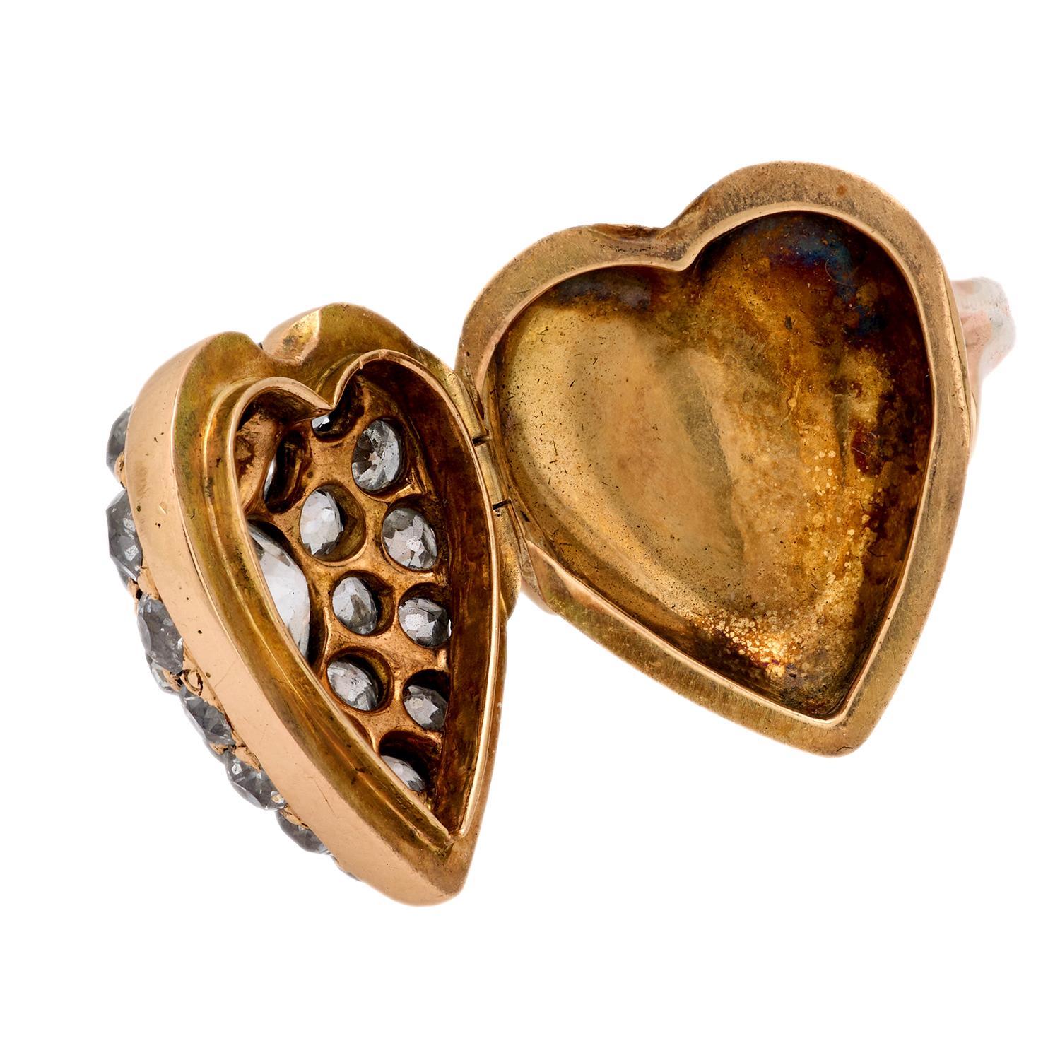 Old Mine Cut Victorian 2.85 carat total weight diamond 14k gold silver heart locket ring For Sale