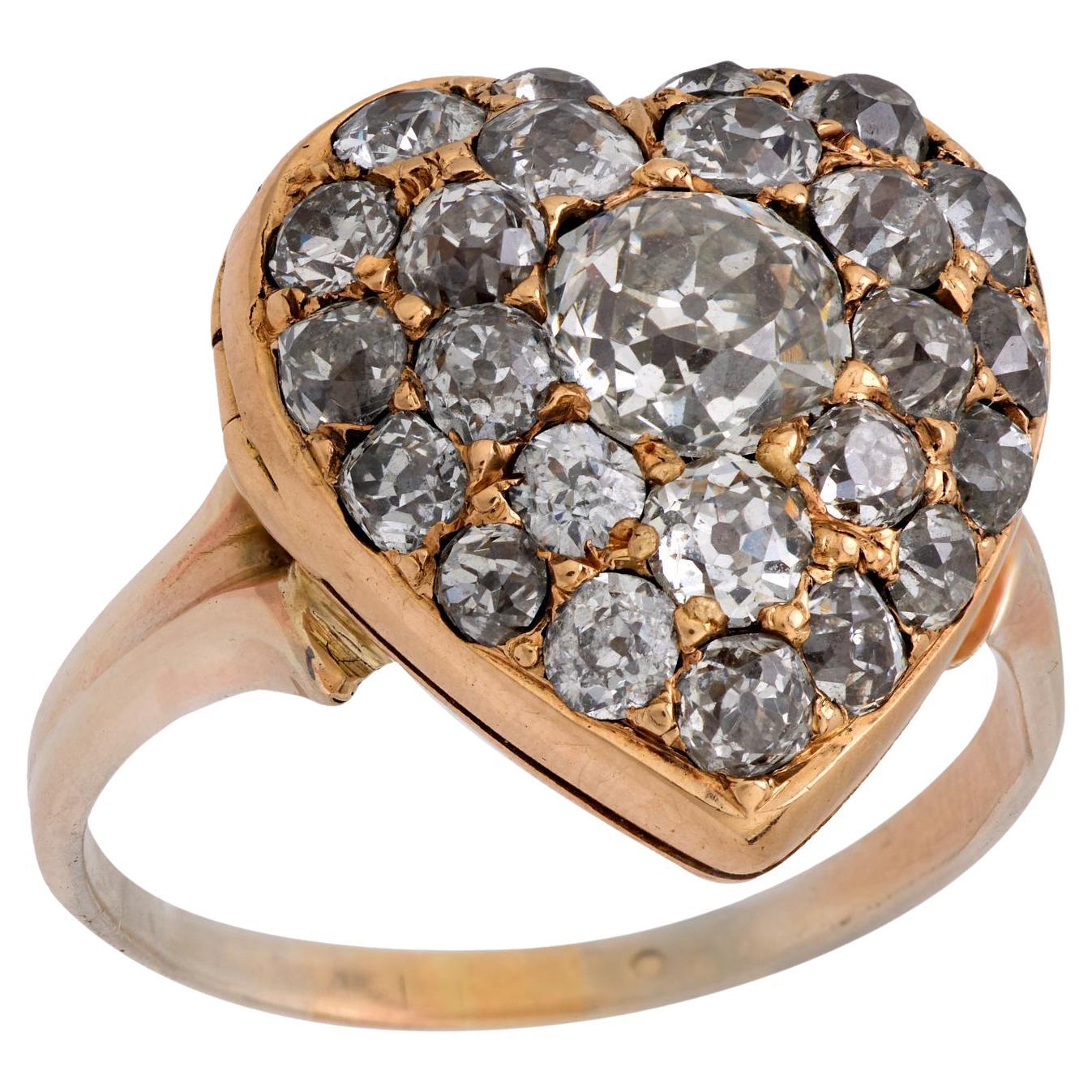 Victorian 2.85 carat total weight diamond 14k gold silver heart locket ring