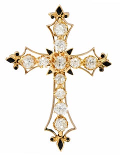 Victorian 2.85 Carats Diamond Enamel 14 Karat Gold Cross Pendant Brooch