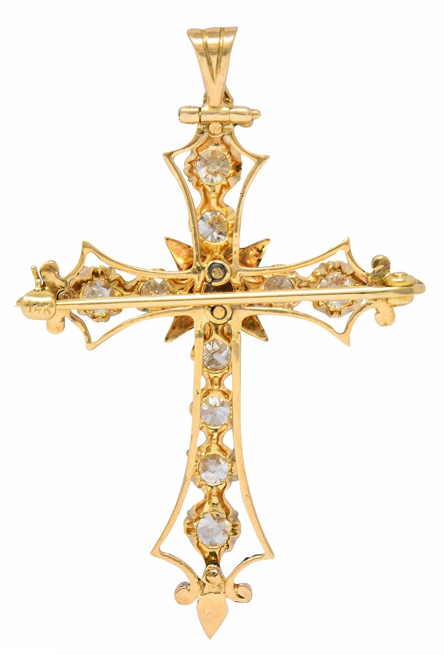 Victorian 2.85 Carats Diamond Enamel 14 Karat Gold Cross Pendant Brooch In Excellent Condition In Philadelphia, PA