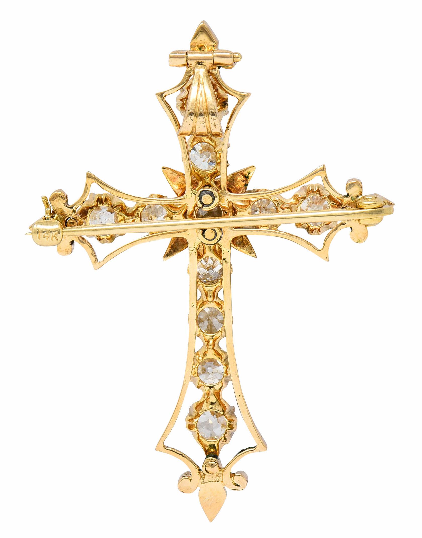 Women's or Men's Victorian 2.85 Carats Diamond Enamel 14 Karat Gold Cross Pendant Brooch