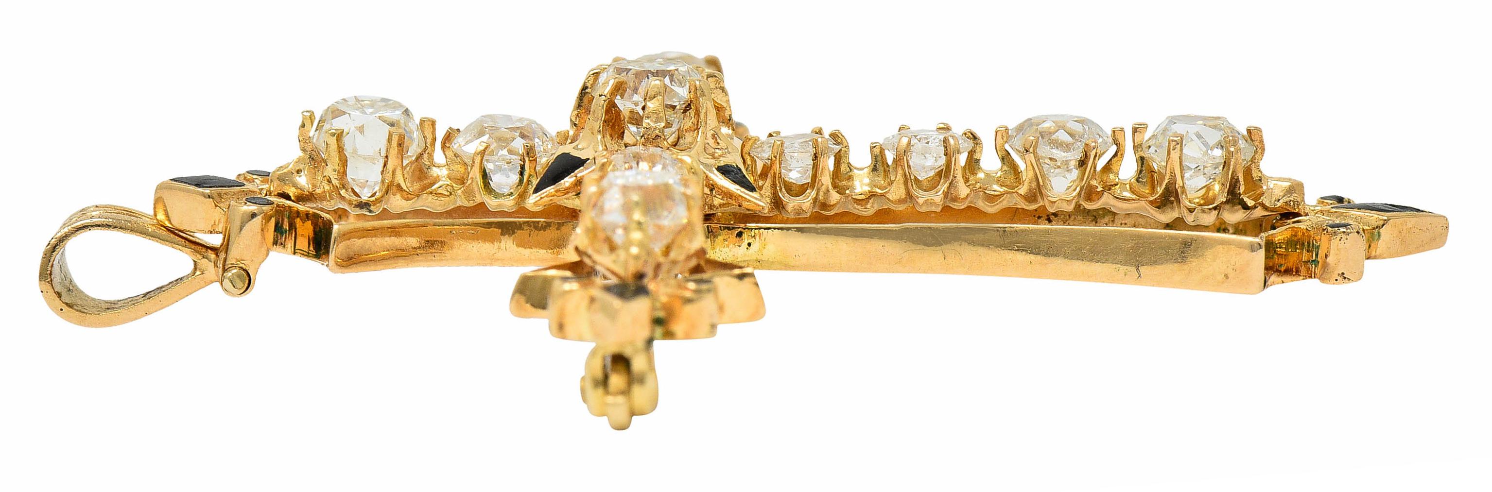 Victorian 2.85 Carats Diamond Enamel 14 Karat Gold Cross Pendant Brooch 3