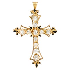 Victorian 2.85 Carats Diamond Enamel 14 Karat Gold Cross Pendant Brooch