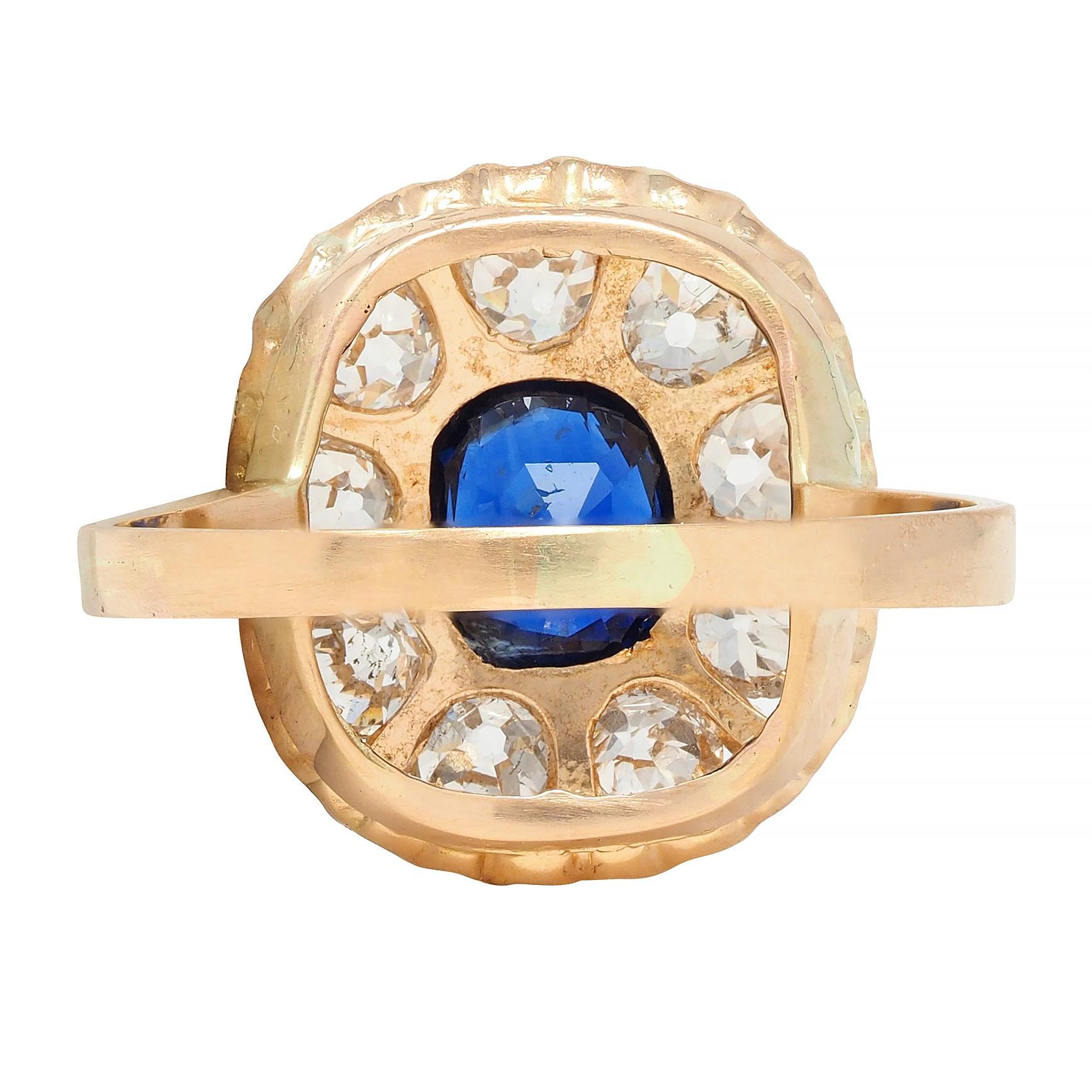 Women's or Men's Victorian 2.86 CTW No Heat Sapphire Diamond 18 Karat Gold Halo Ring GIA