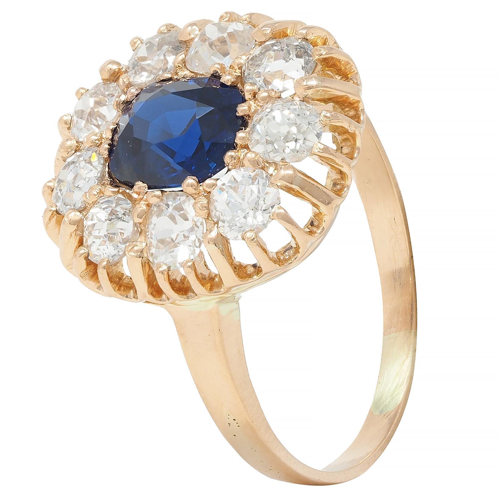 Victorian 2.86 CTW No Heat Sapphire Diamond 18 Karat Gold Halo Ring GIA 3
