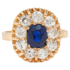 Antique Victorian 2.86 CTW No Heat Sapphire Diamond 18 Karat Gold Halo Ring GIA