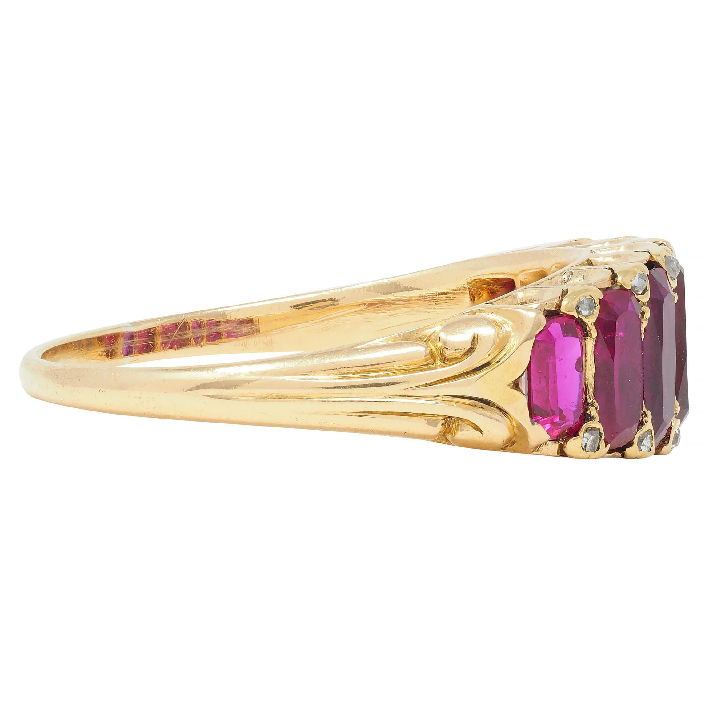 Victorian 2.88 CTW No Heat Burma Ruby Diamond 18 Karat Yellow Gold Band Ring GIA In Excellent Condition For Sale In Philadelphia, PA