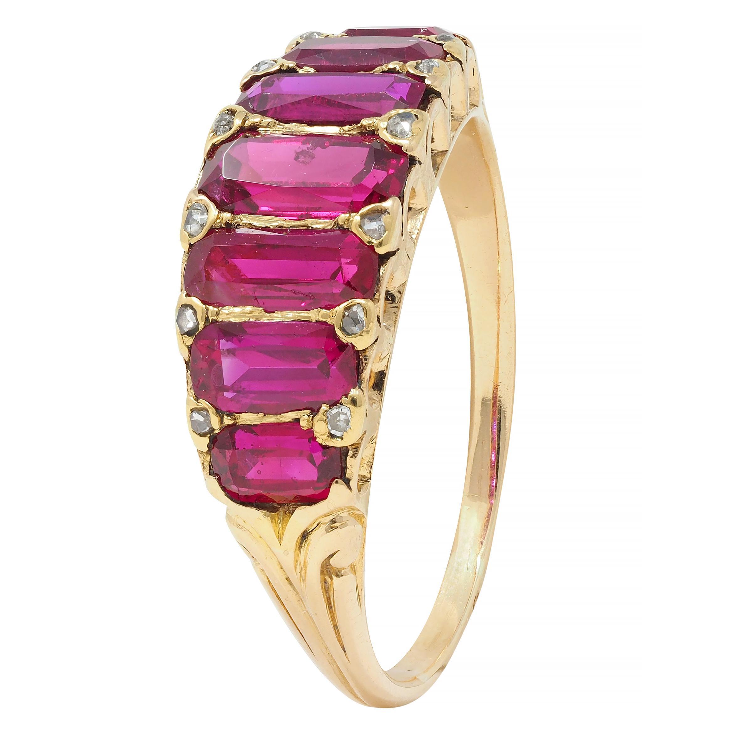Victorian 2.88 CTW No Heat Burma Ruby Diamond 18 Karat Yellow Gold Band Ring GIA For Sale 4