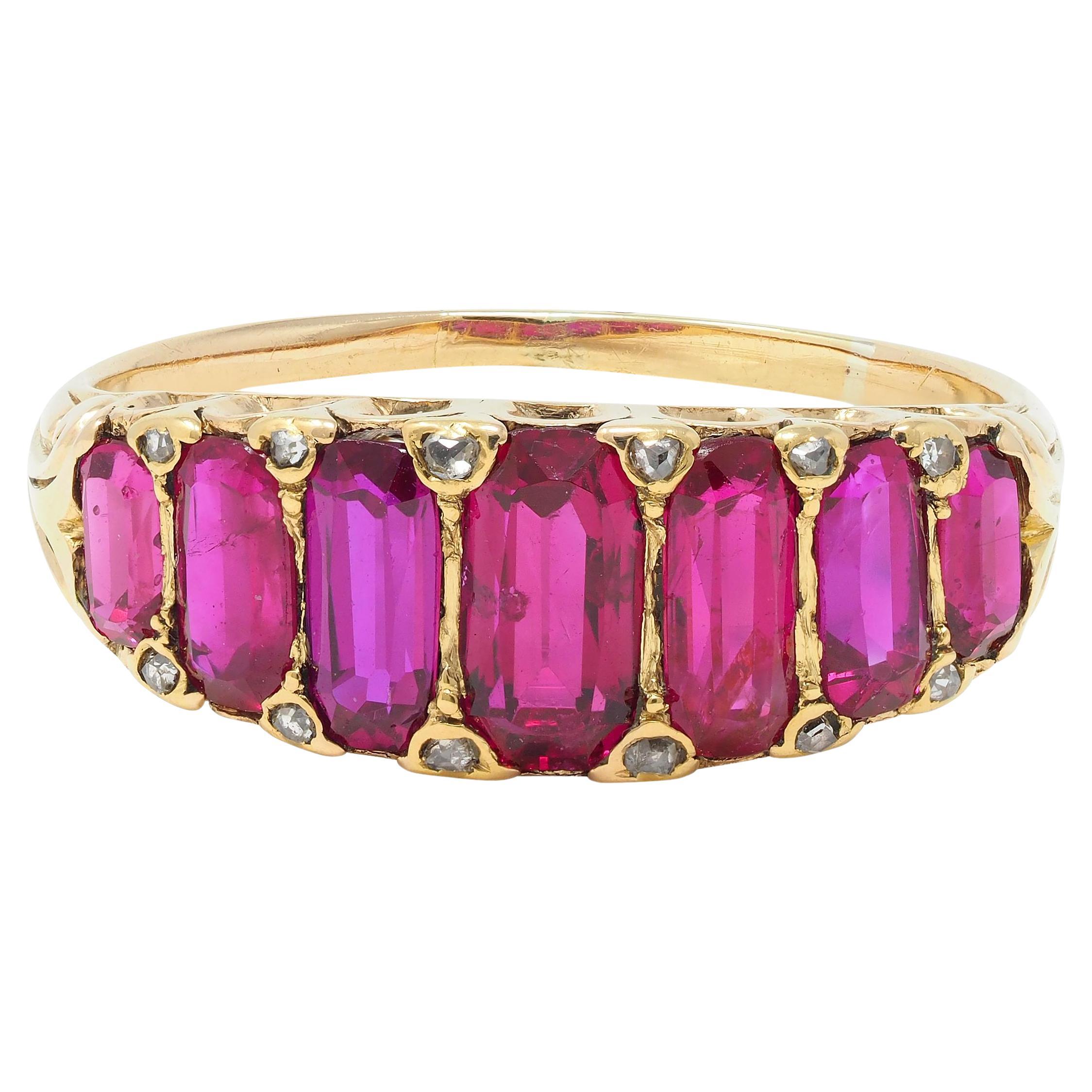 Victorian 2.88 CTW No Heat Burma Ruby Diamond 18 Karat Yellow Gold Band Ring GIA