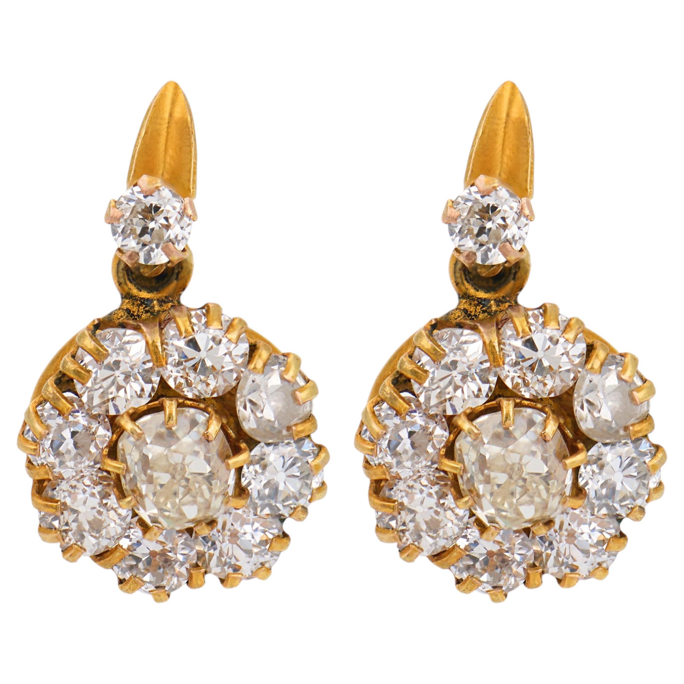Victorian 2.90 carat diamond 14k yellow gold cluster earrings