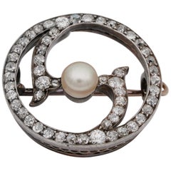 Victorian 2.90 Carat Old Mine Diamond Natural Pearl Brooch Pendant