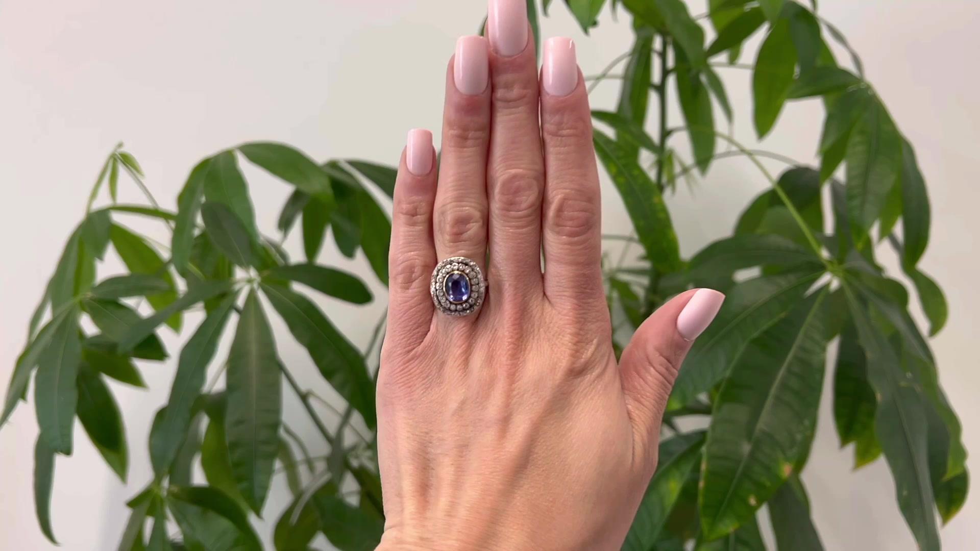 One Victorian 2.90 Carats Ceylon No Heat Sapphire Diamond 18k Silver Cluster Ring. Featuring one Masterstones oval mixed cut sapphire weighing approximately 2.90 carats, accompanied with Masterstones certification #622PT377 stating the sapphire is