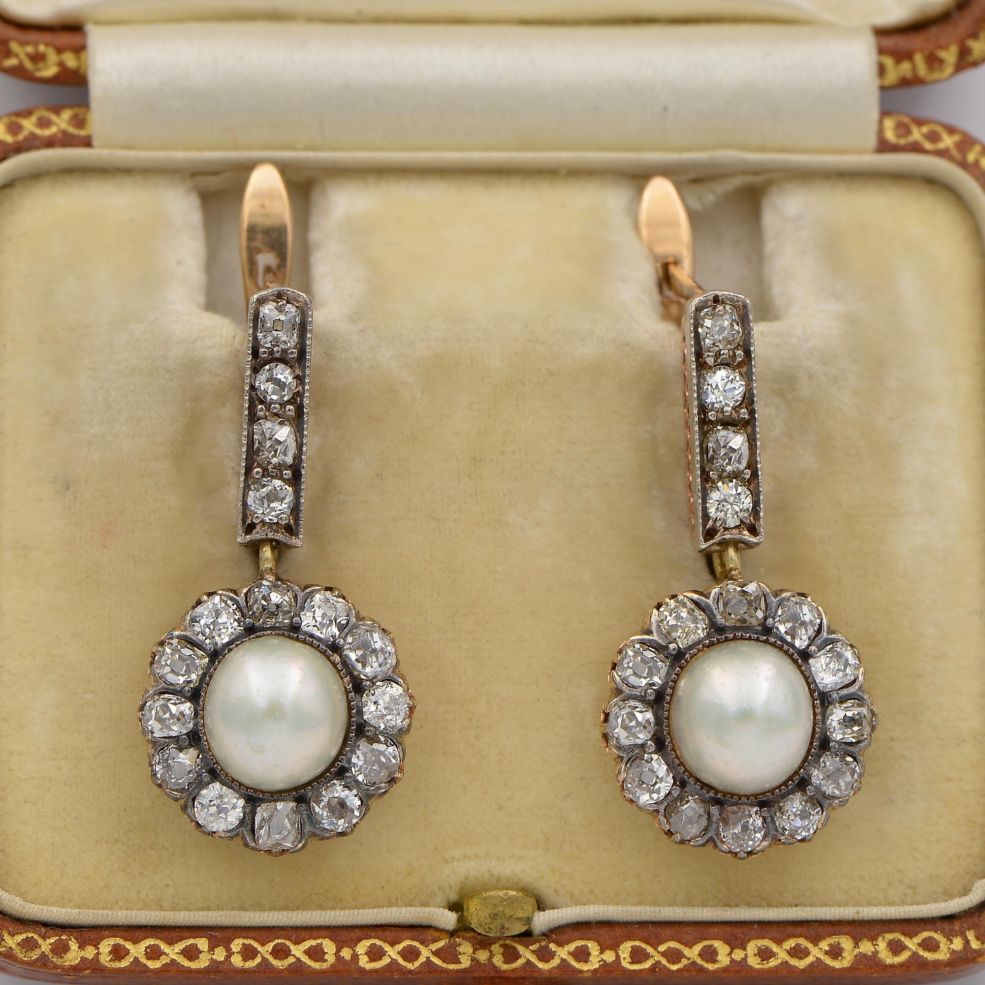 Queen of Seas
1st place in Victorian tradition are Natural Pearl and Diamond earrings
Rare, magical beauty of natural pearls have been treasured for millennia by mankind
These beautiful pair of Victorian era ear drops are 1880 ca
They are designed