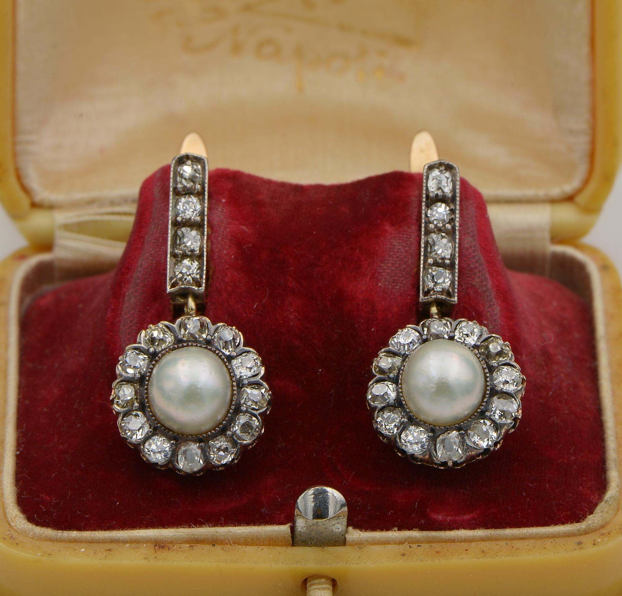 Old Mine Cut Victorian 2.90 Ct Natural Pearl 2.60 Ct Diamond Certified drop earrings For Sale