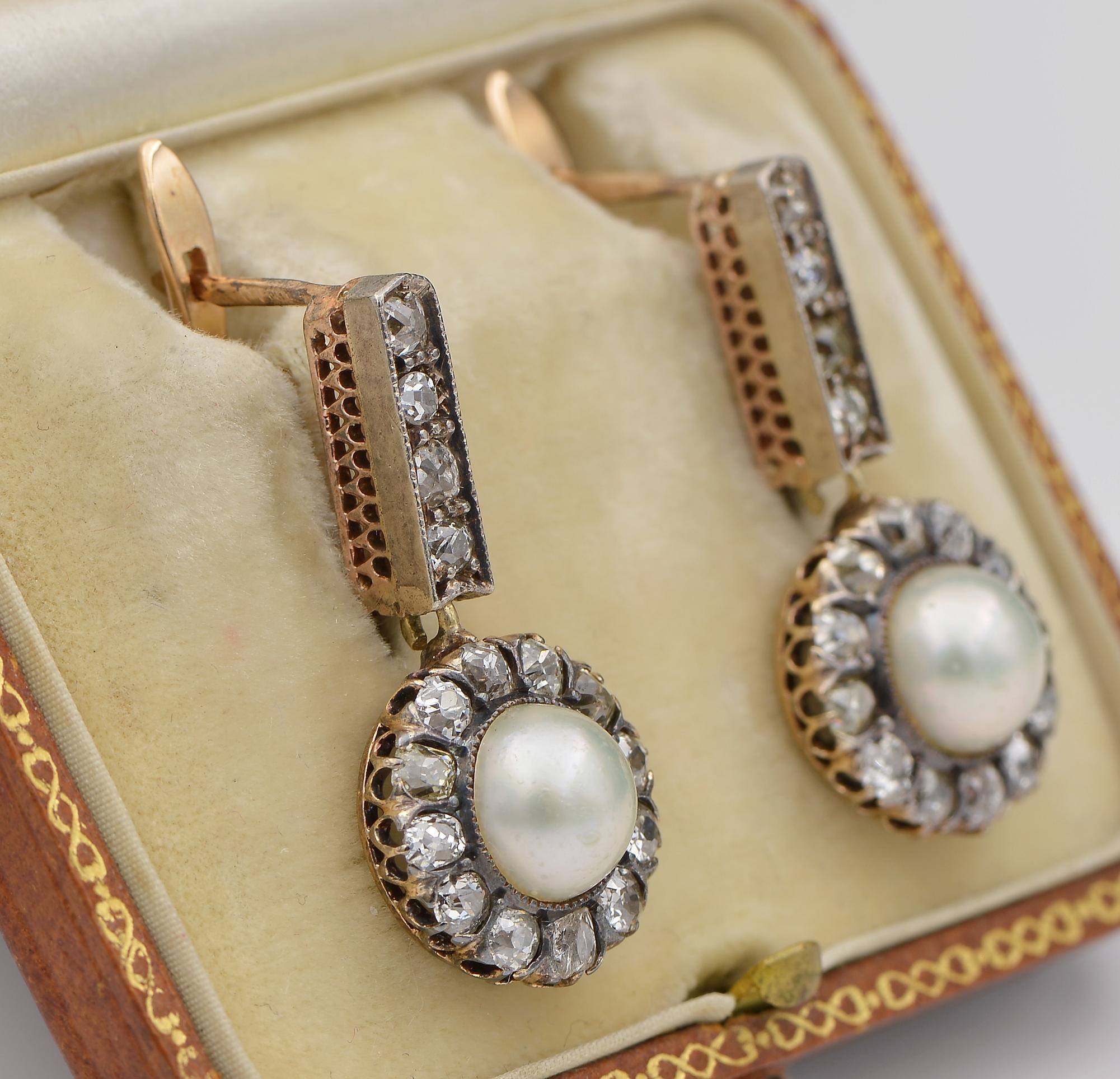 Victorian 2.90 Ct Natural Pearl 2.60 Ct Diamond Certified drop earrings In Good Condition For Sale In Napoli, IT