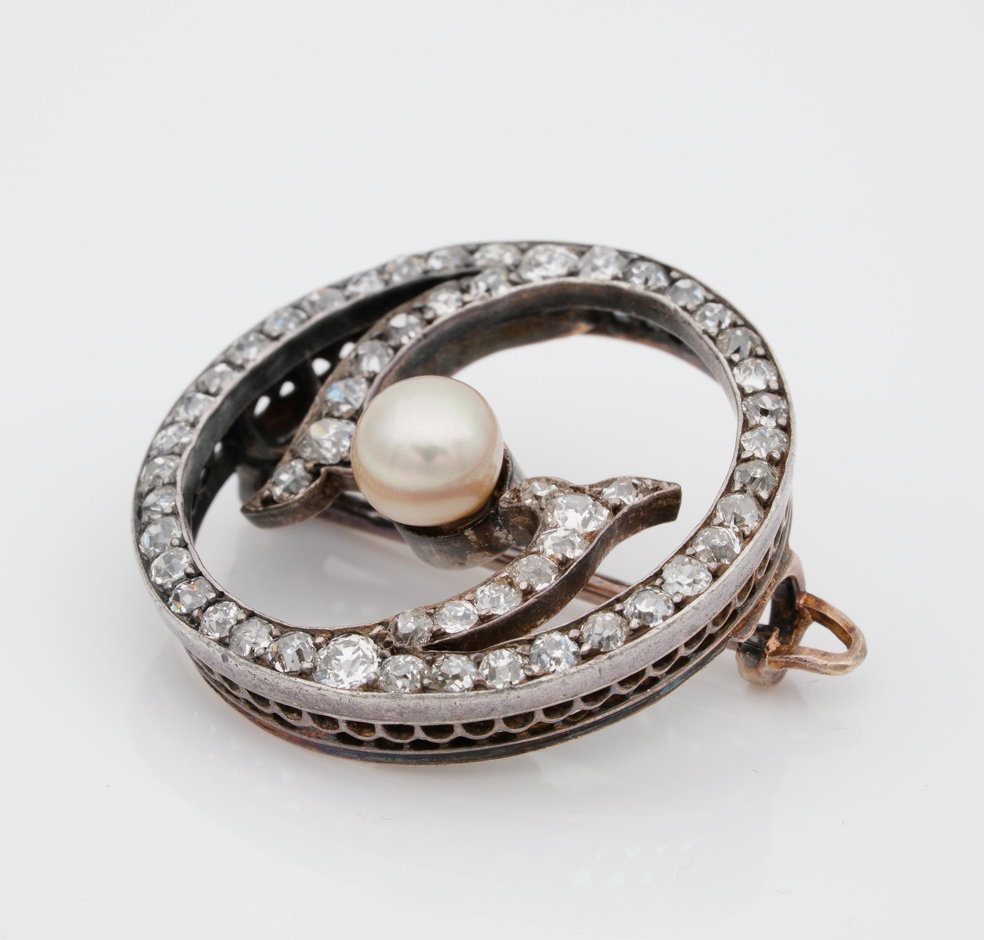 Women's or Men's Victorian 2.90 Carat Old Mine Diamond Natural Pearl Brooch Pendant For Sale