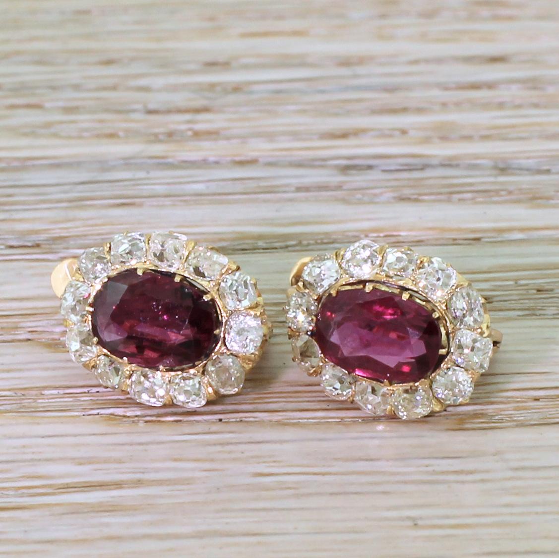 Victorian 2.91 Carat Ruby & 2.18 Carat Old Cut Diamond 18k Gold Cluster Earrings In Good Condition For Sale In Essex, GB