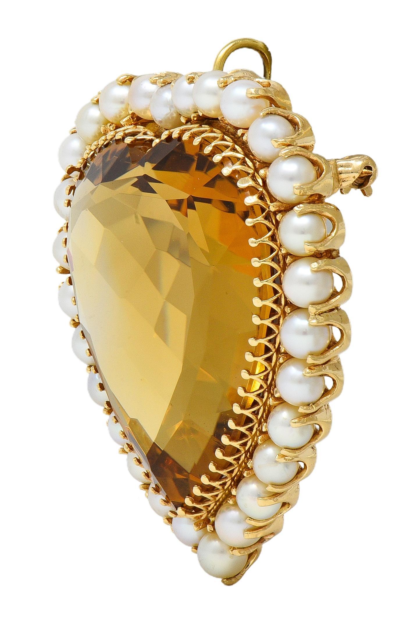 Victorien Broche victorienne 29.37 CTW Citrine Pearl 14K Yellow Gold Antique Heart Pendant Brooch en vente