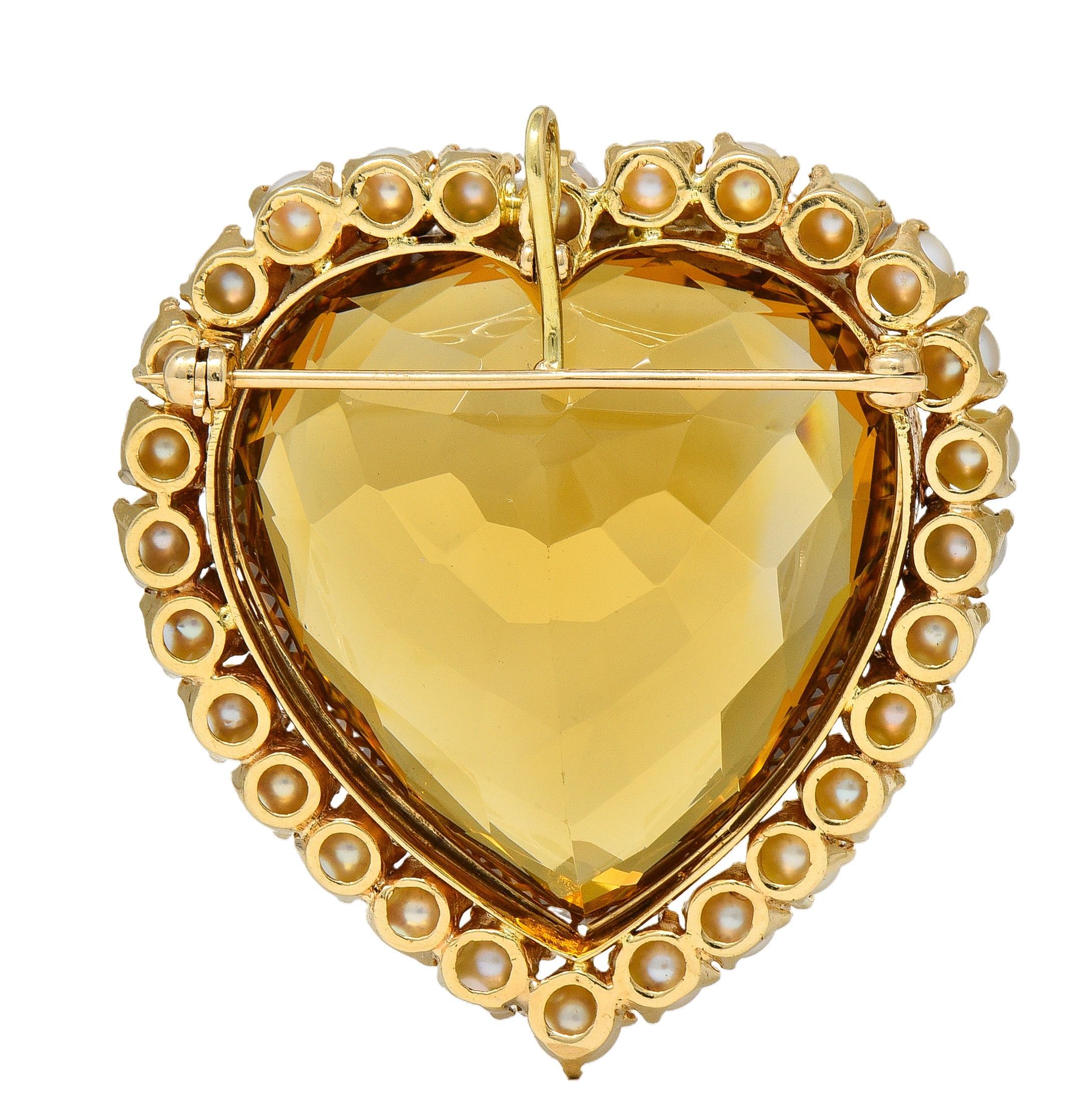 Taille cœur Broche victorienne 29.37 CTW Citrine Pearl 14K Yellow Gold Antique Heart Pendant Brooch en vente