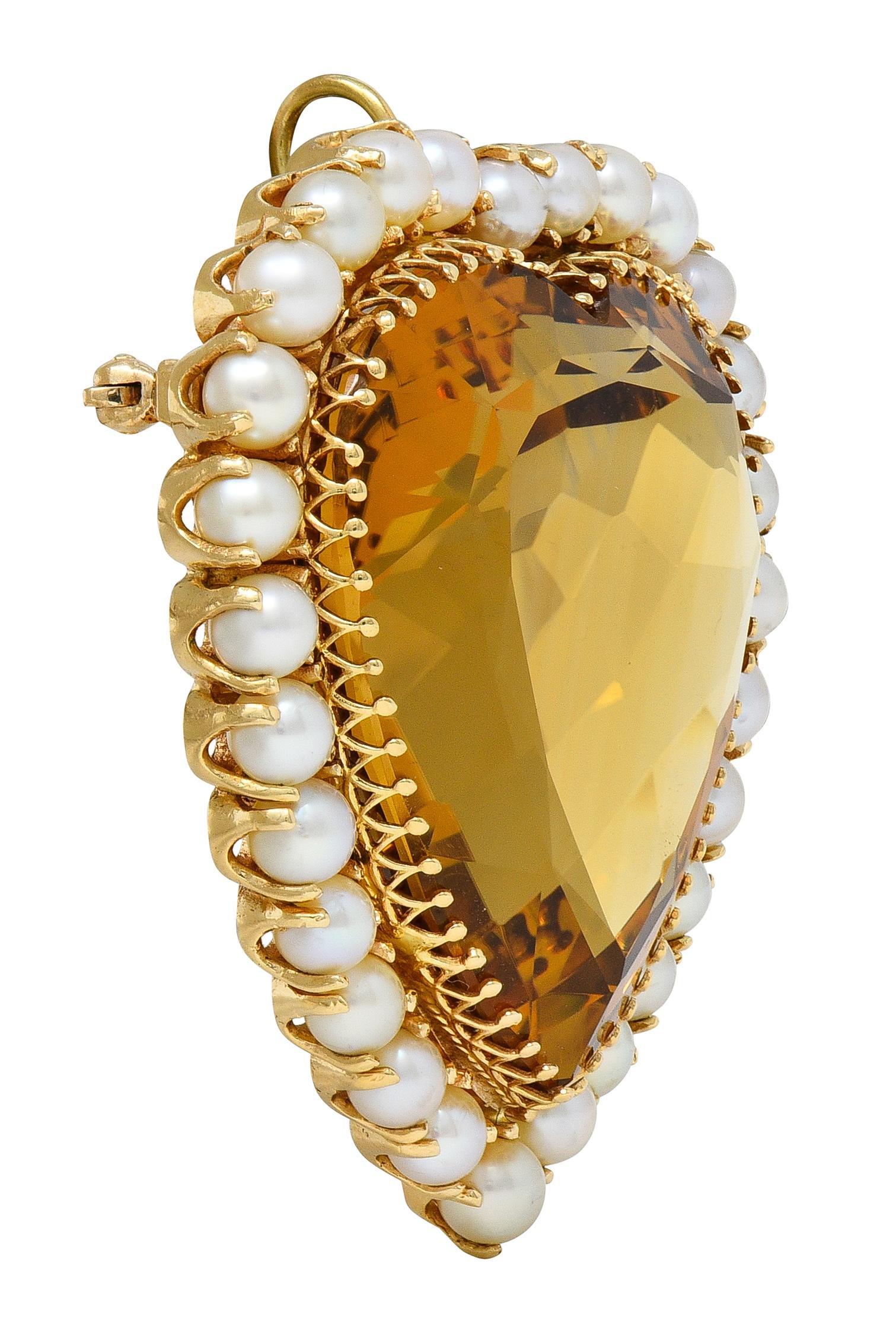 Broche victorienne 29.37 CTW Citrine Pearl 14K Yellow Gold Antique Heart Pendant Brooch Excellent état - En vente à Philadelphia, PA