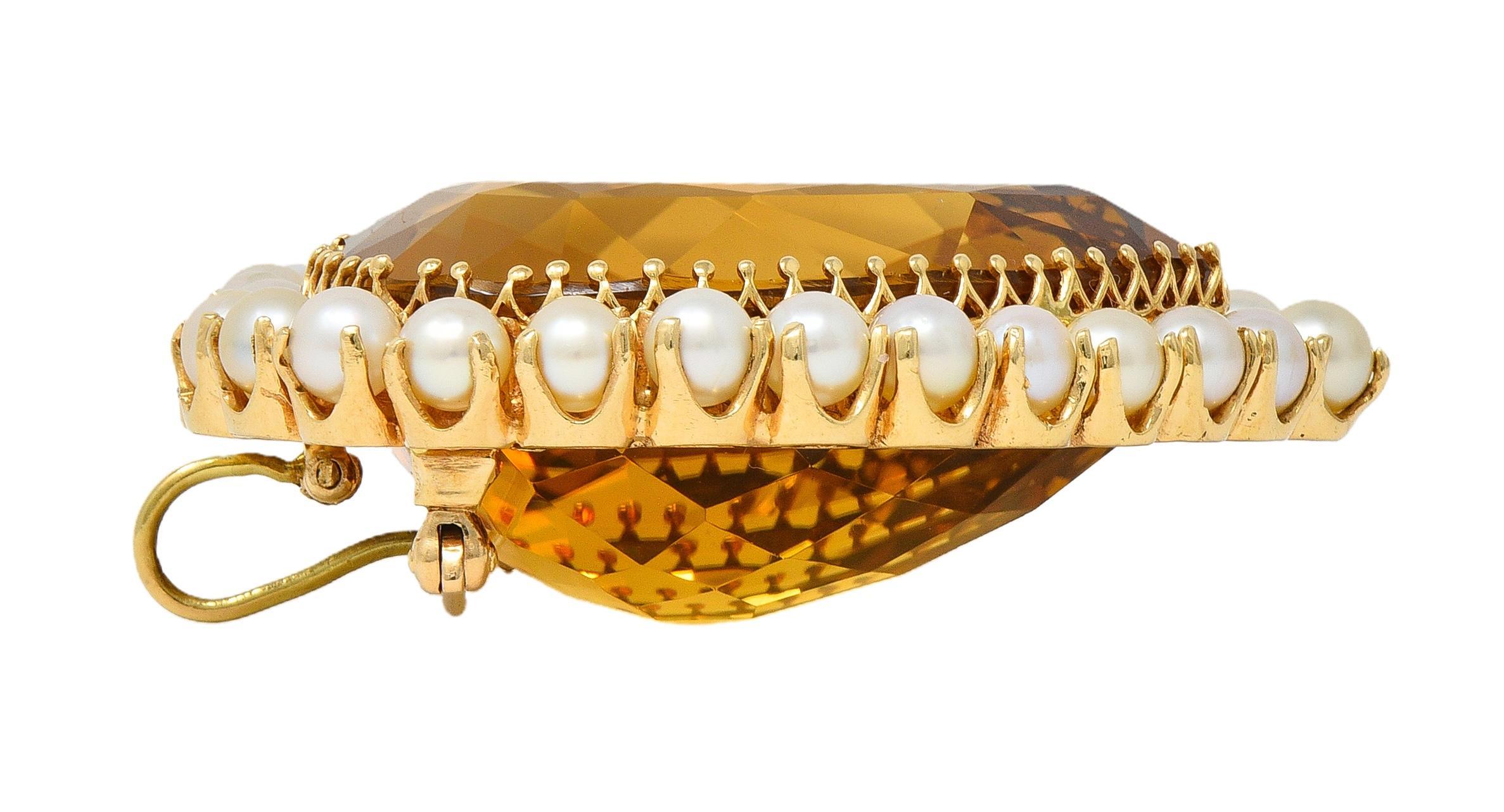 Broche victorienne 29.37 CTW Citrine Pearl 14K Yellow Gold Antique Heart Pendant Brooch Pour femmes en vente
