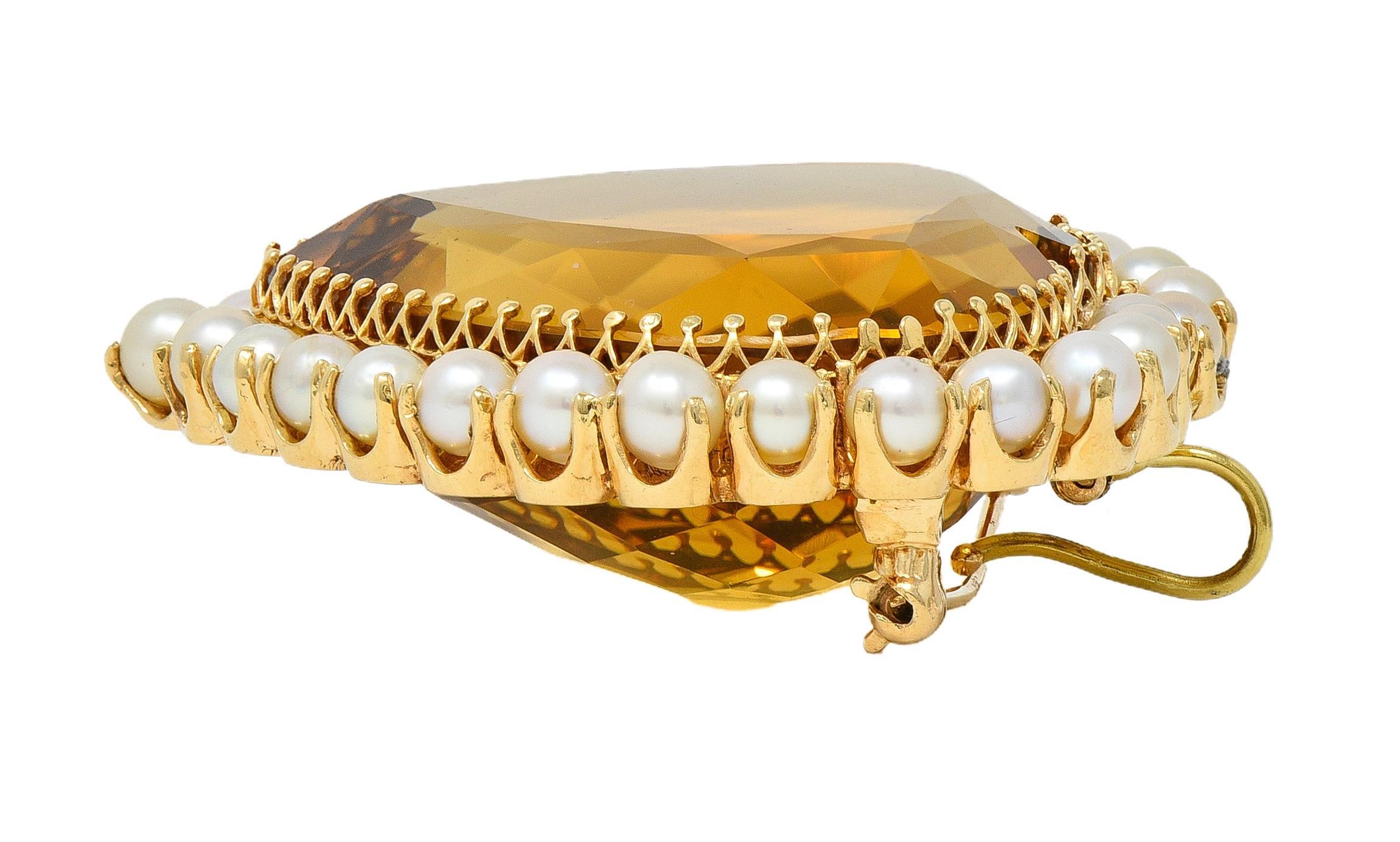 Broche victorienne 29.37 CTW Citrine Pearl 14K Yellow Gold Antique Heart Pendant Brooch en vente 1