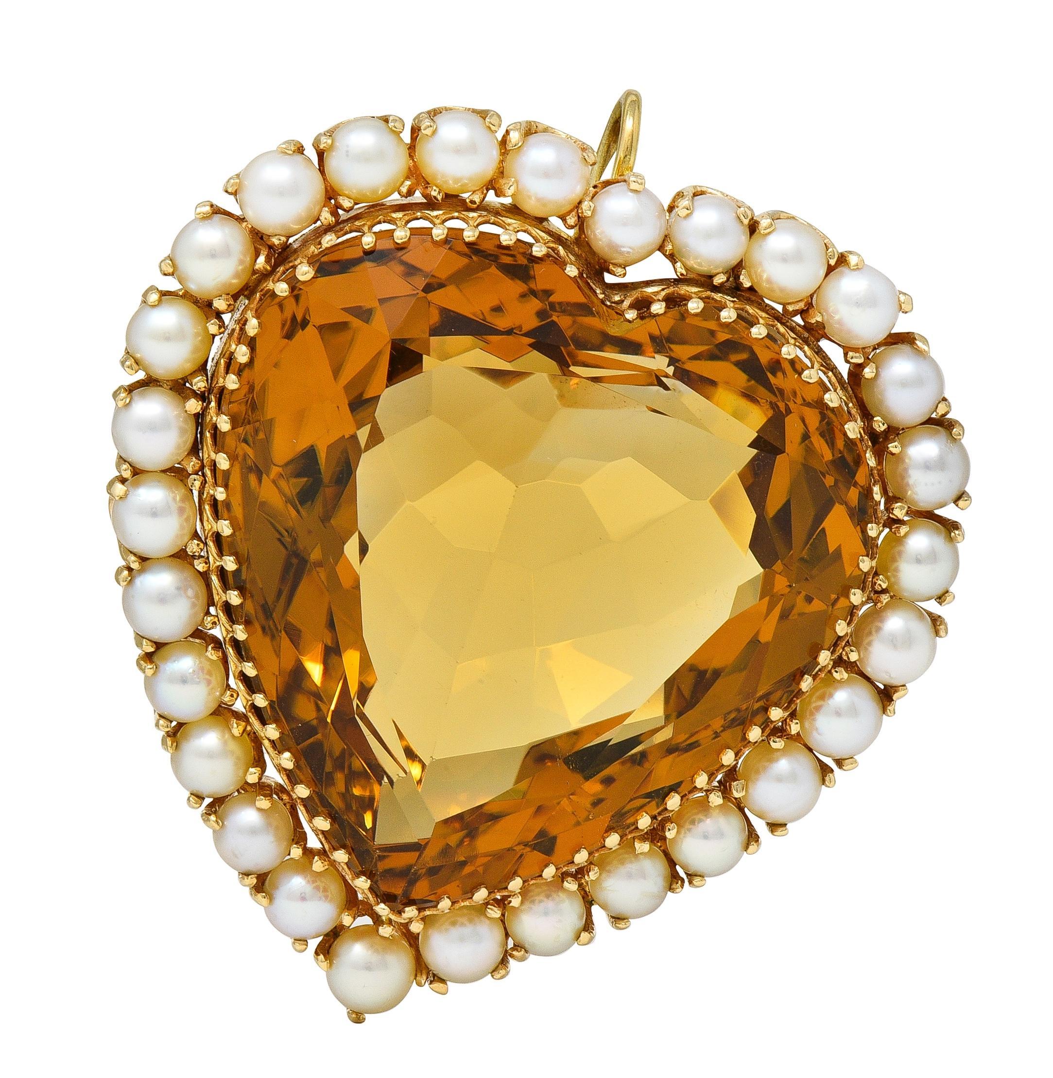 Broche victorienne 29.37 CTW Citrine Pearl 14K Yellow Gold Antique Heart Pendant Brooch en vente 2