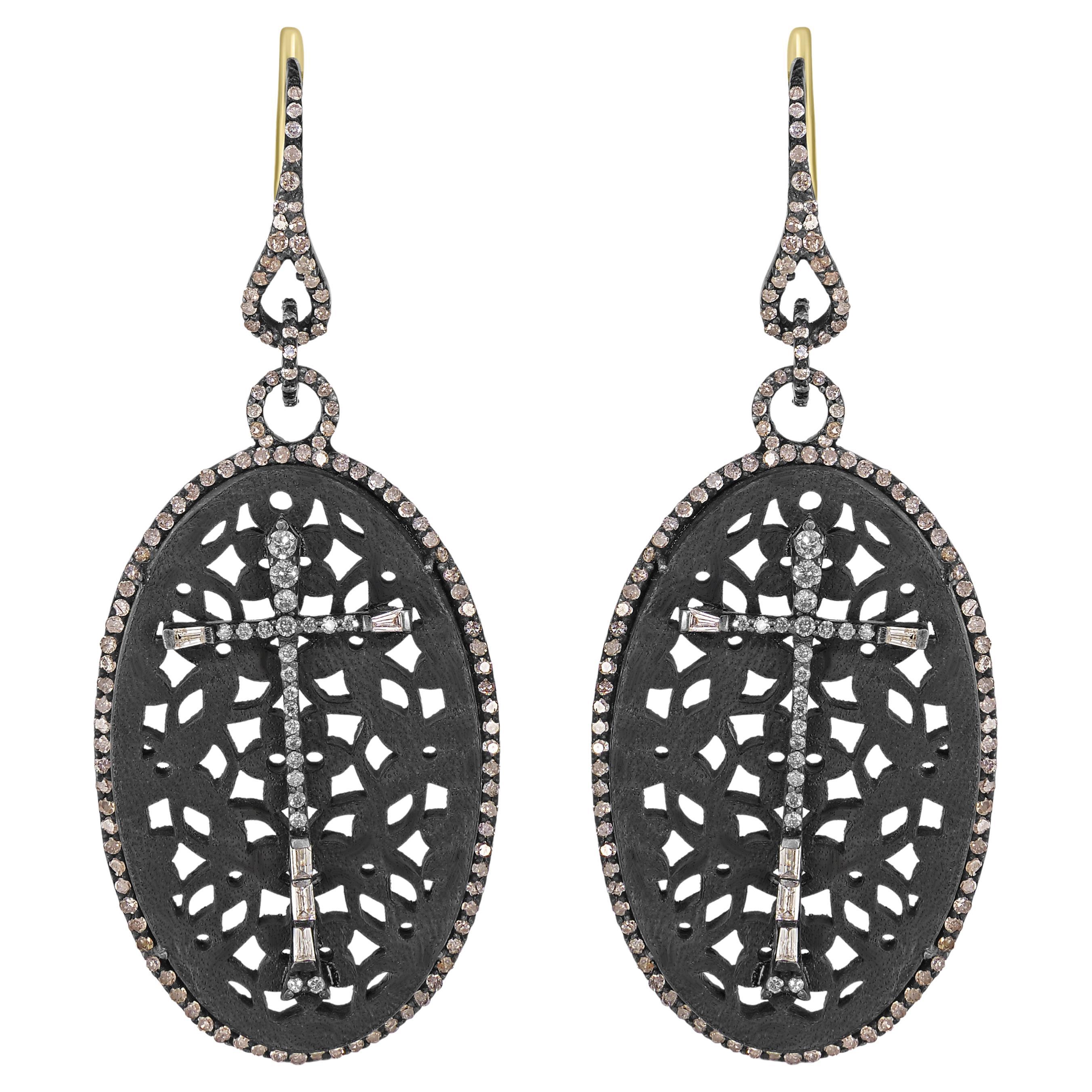 Victorian 2.95 ct. pt. Boucles d'oreilles pendantes filigranes ovales avec diamants 18k/925