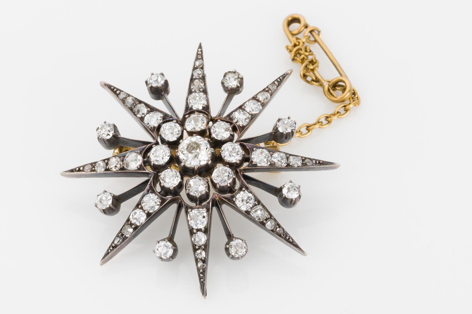 Victorian 2.97 Carat Old European Cut Diamond Eight Point Star Brooch Pendant For Sale 6