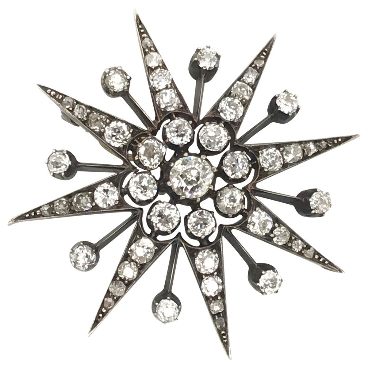 Victorian 2.97 Carat Old European Cut Diamond Eight Point Star Brooch Pendant For Sale 8