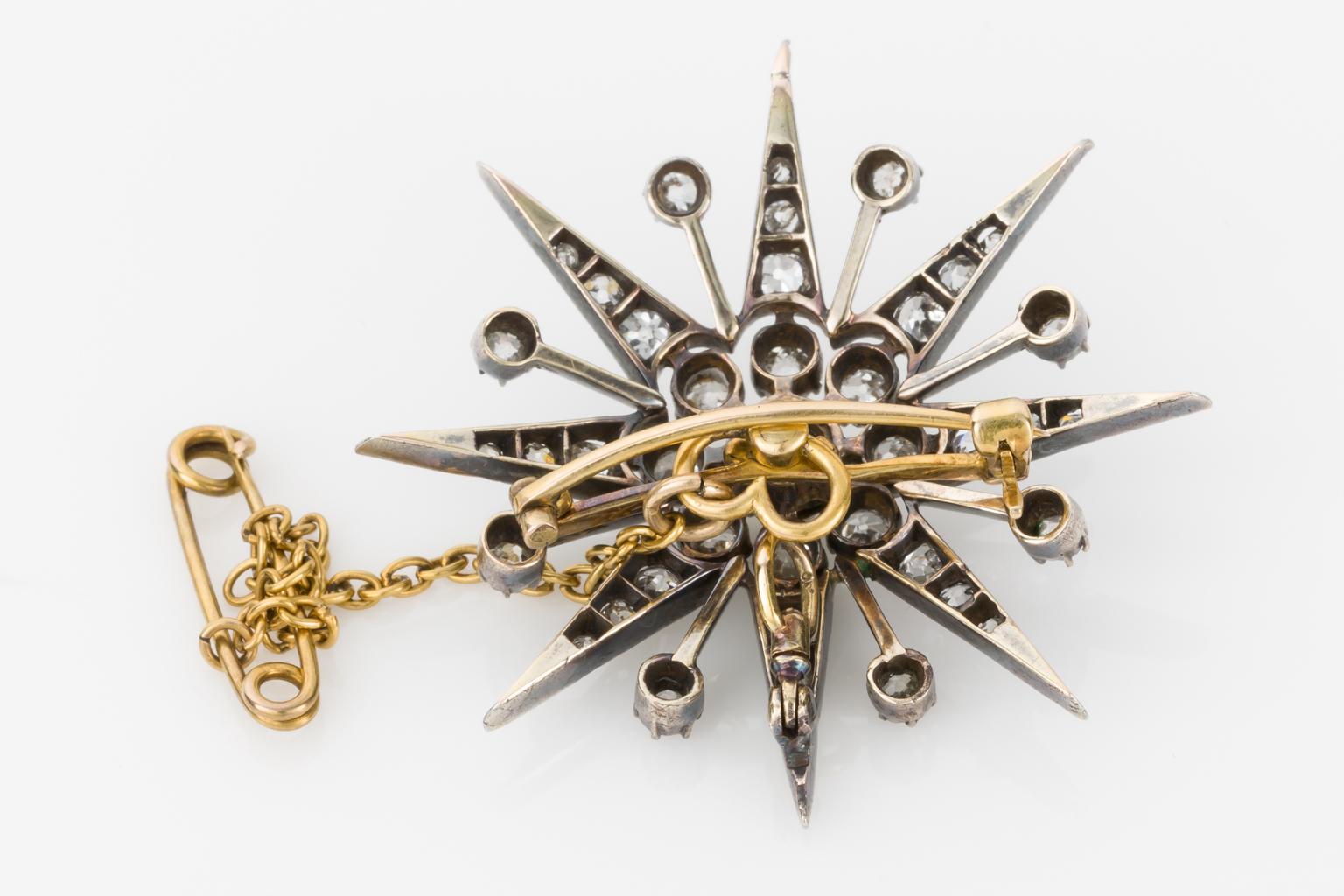 Victorian 2.97 Carat Old European Cut Diamond Eight Point Star Brooch Pendant For Sale 7