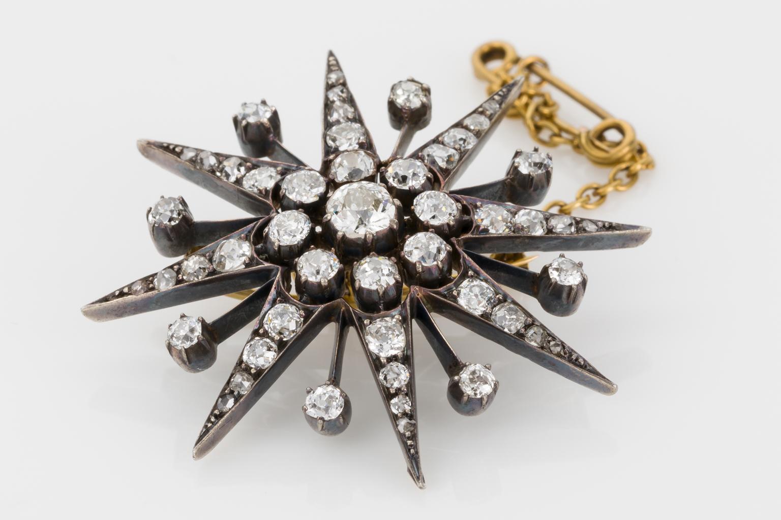 Victorian 2.97 Carat Old European Cut Diamond Eight Point Star Brooch Pendant For Sale 13