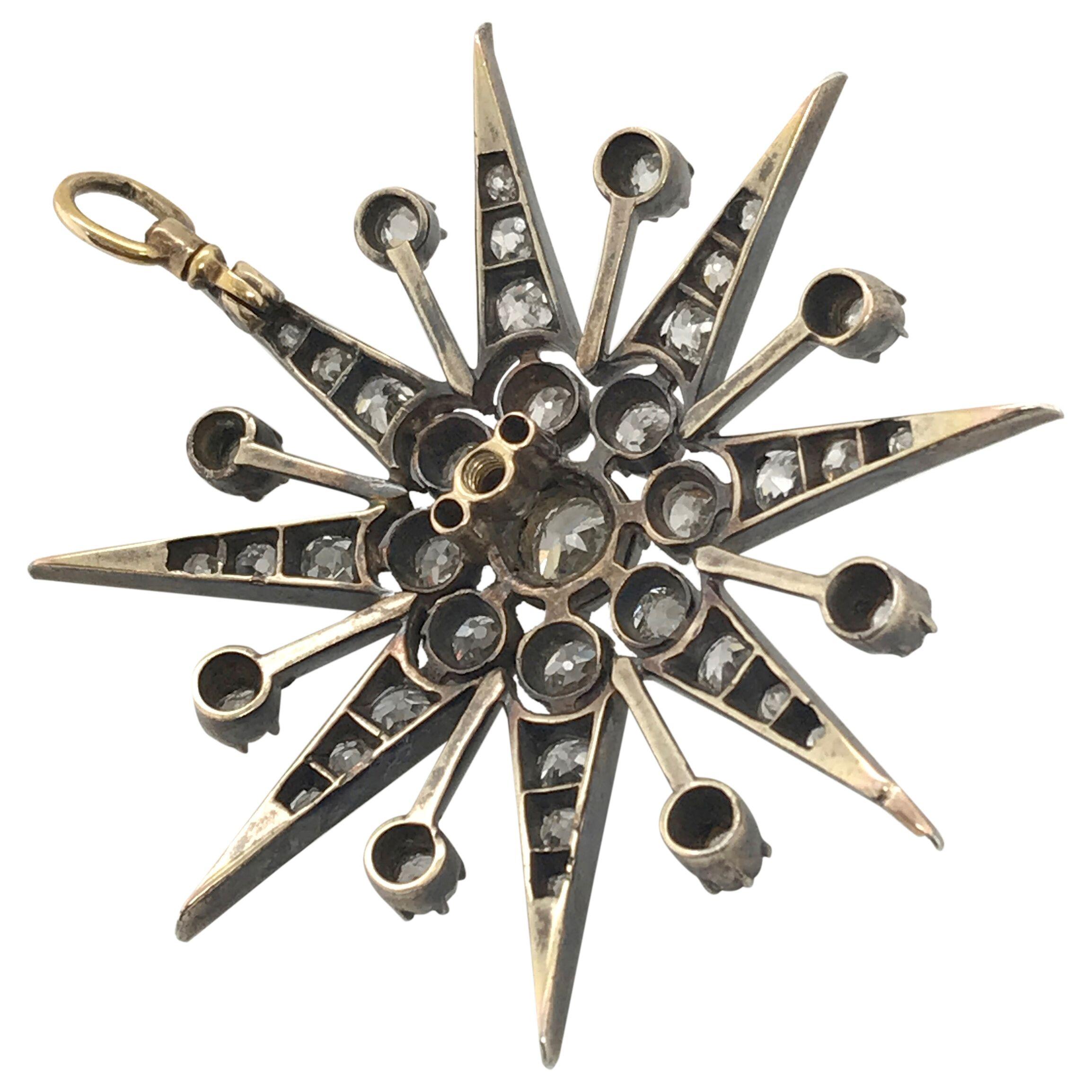 Victorian 2.97 Carat Old European Cut Diamond Eight Point Star Brooch Pendant For Sale 1