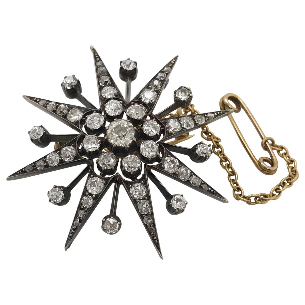 Victorian 2.97 Carat Old European Cut Diamond Eight Point Star Brooch Pendant For Sale 2