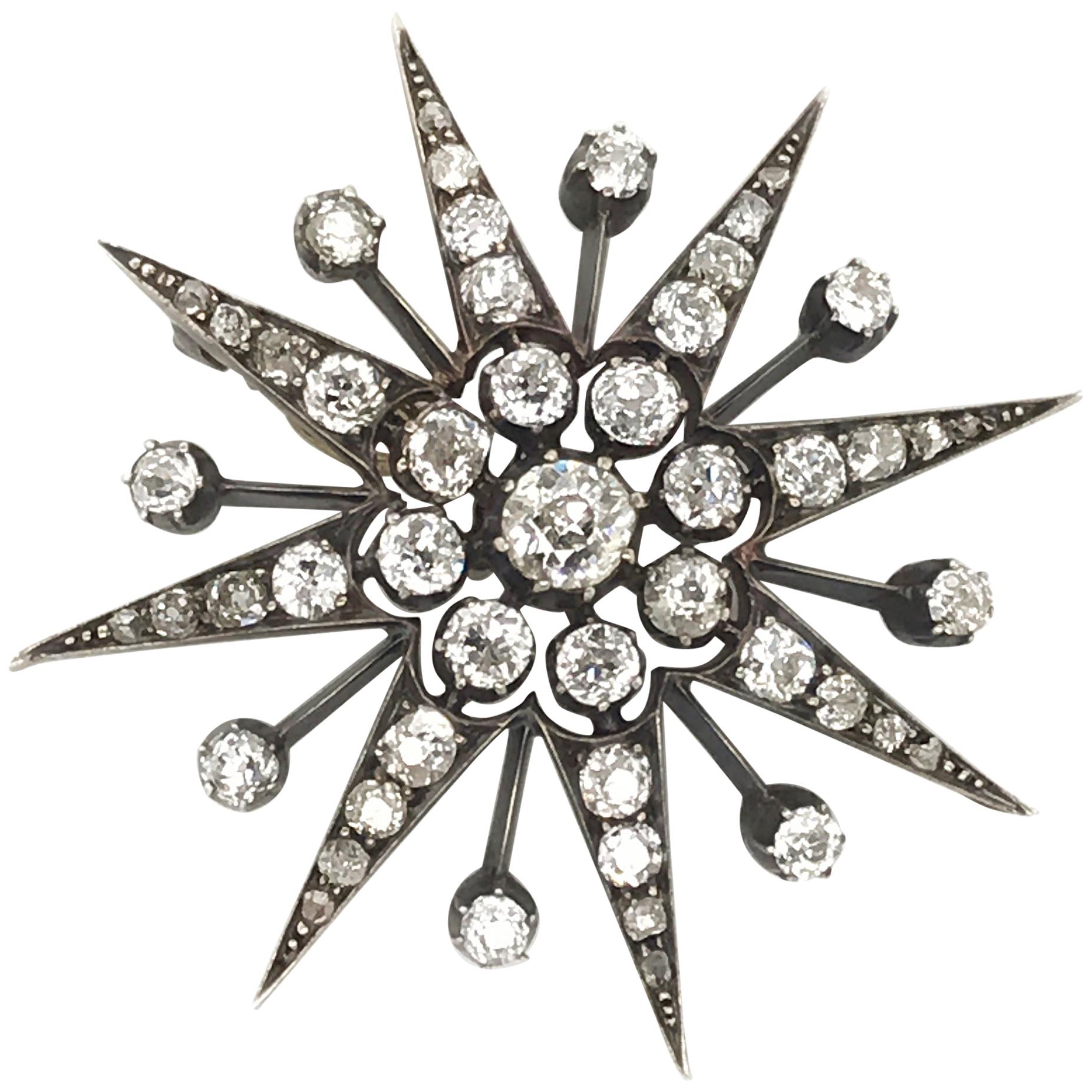 Victorian 2.97 Carat Old European Cut Diamond Eight Point Star Brooch Pendant For Sale