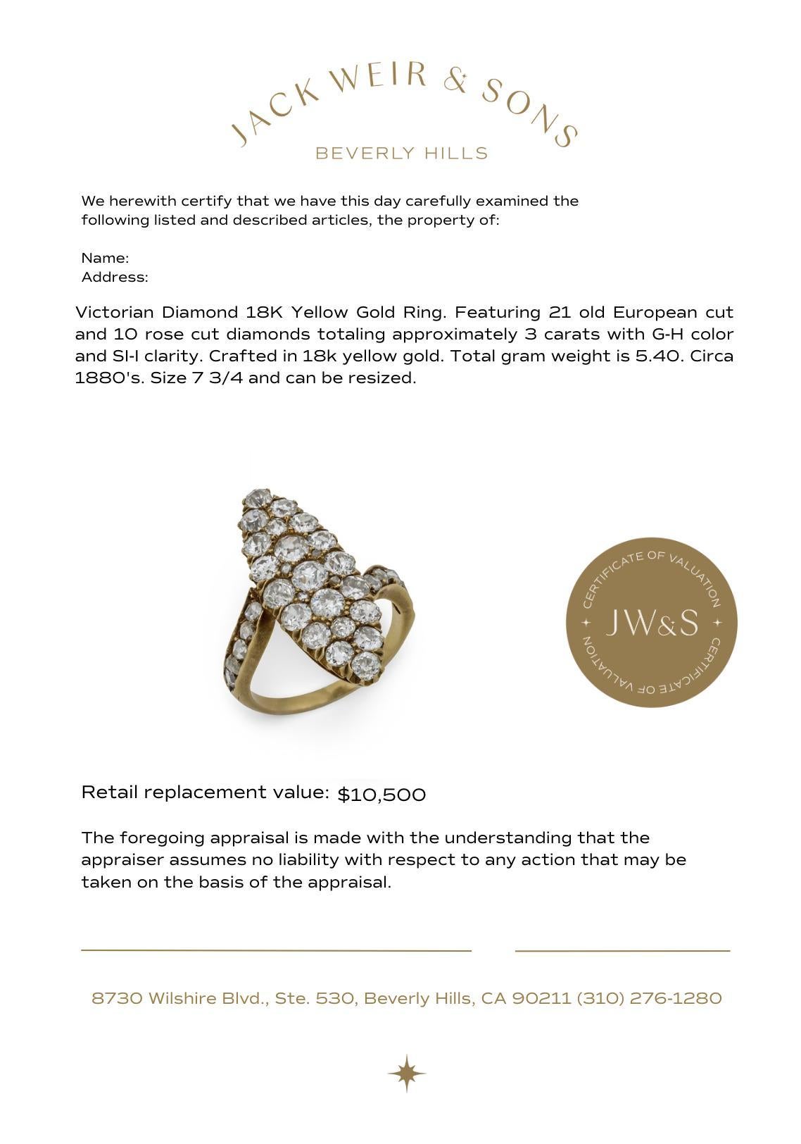 Bague victorienne à navette en or jaune 18 carats et diamant de 3 carats en vente 2