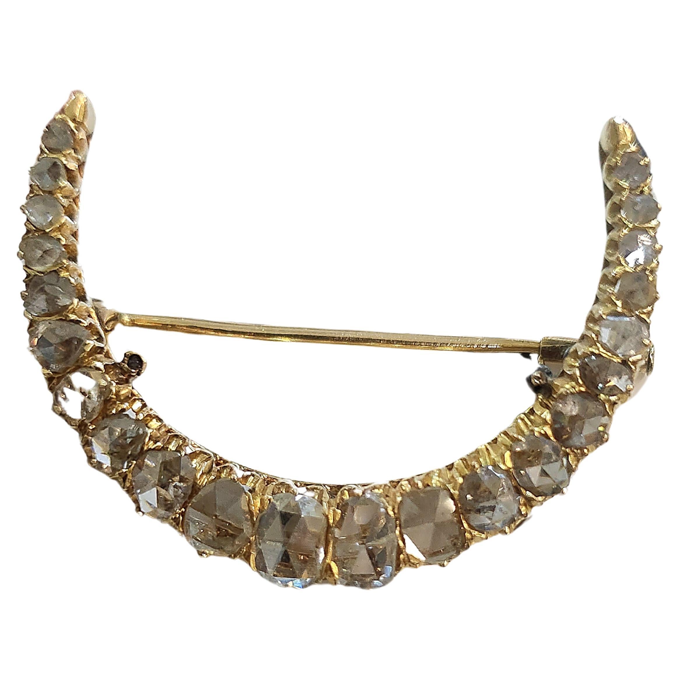 Victorian 3 Carat Rose Cut Diamond Crescent Gold Brooch