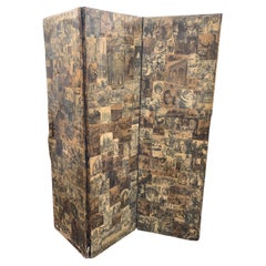 Victorian 3 Panel Room Divider Decorated With Sepia Decoupage Scenes of The Day