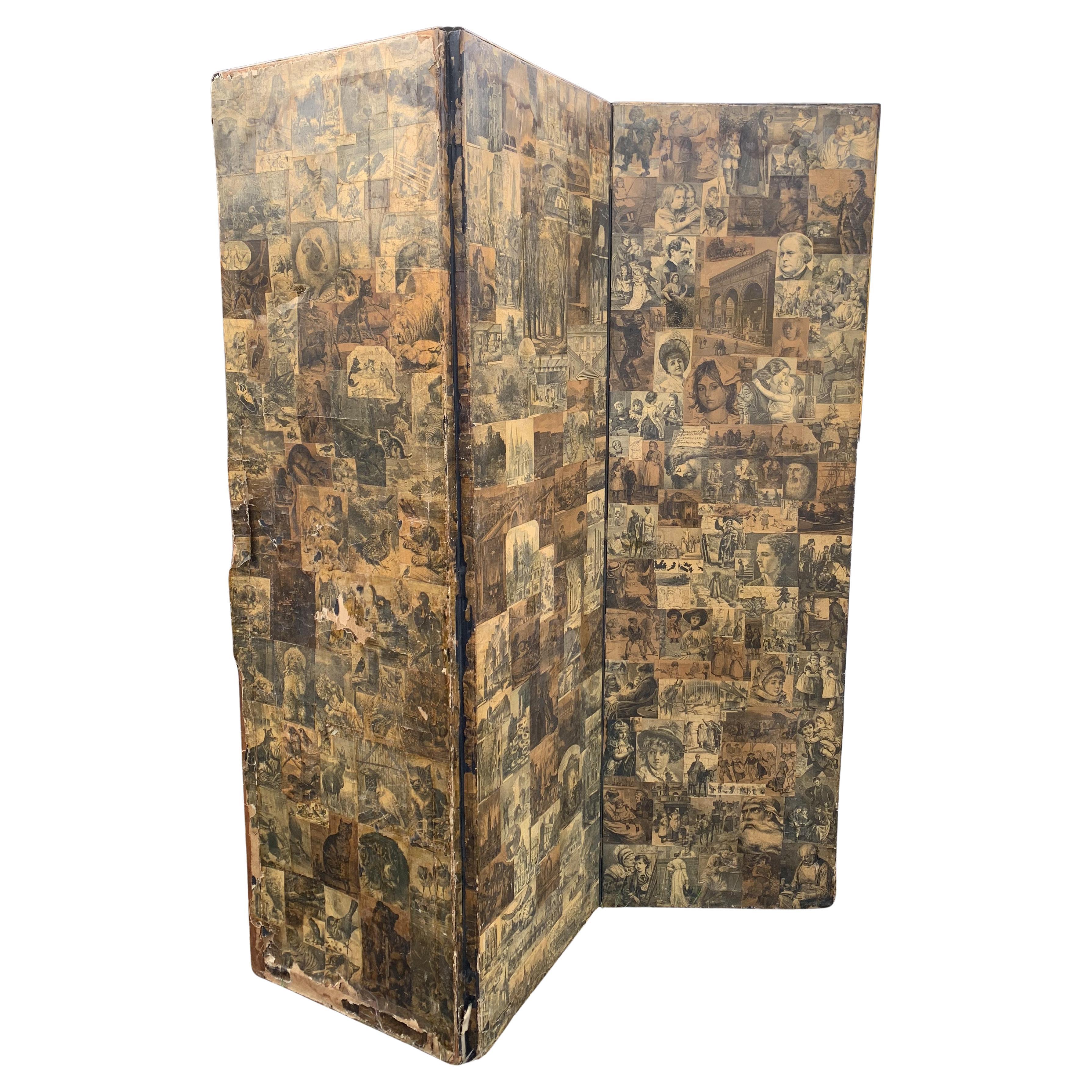 Viktorianischer Raumteiler aus 3 Paneelen, dekoriert mit Sepia-Decoupage-Szenen des Tages (19. Jahrhundert) im Angebot