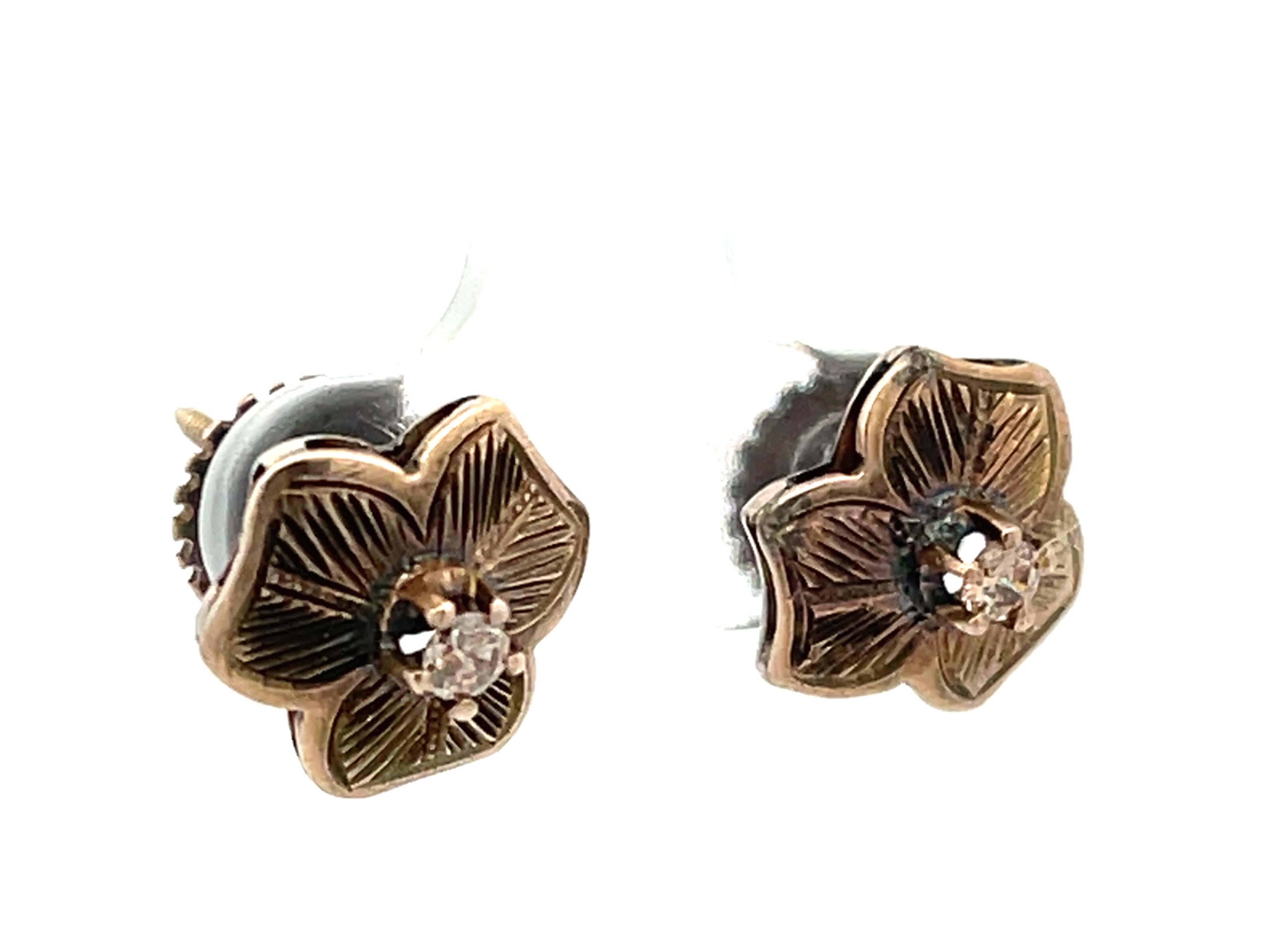 Modern Victorian 3 Petal Floral Diamond Earrings in 14Karat Chocolate Gold For Sale