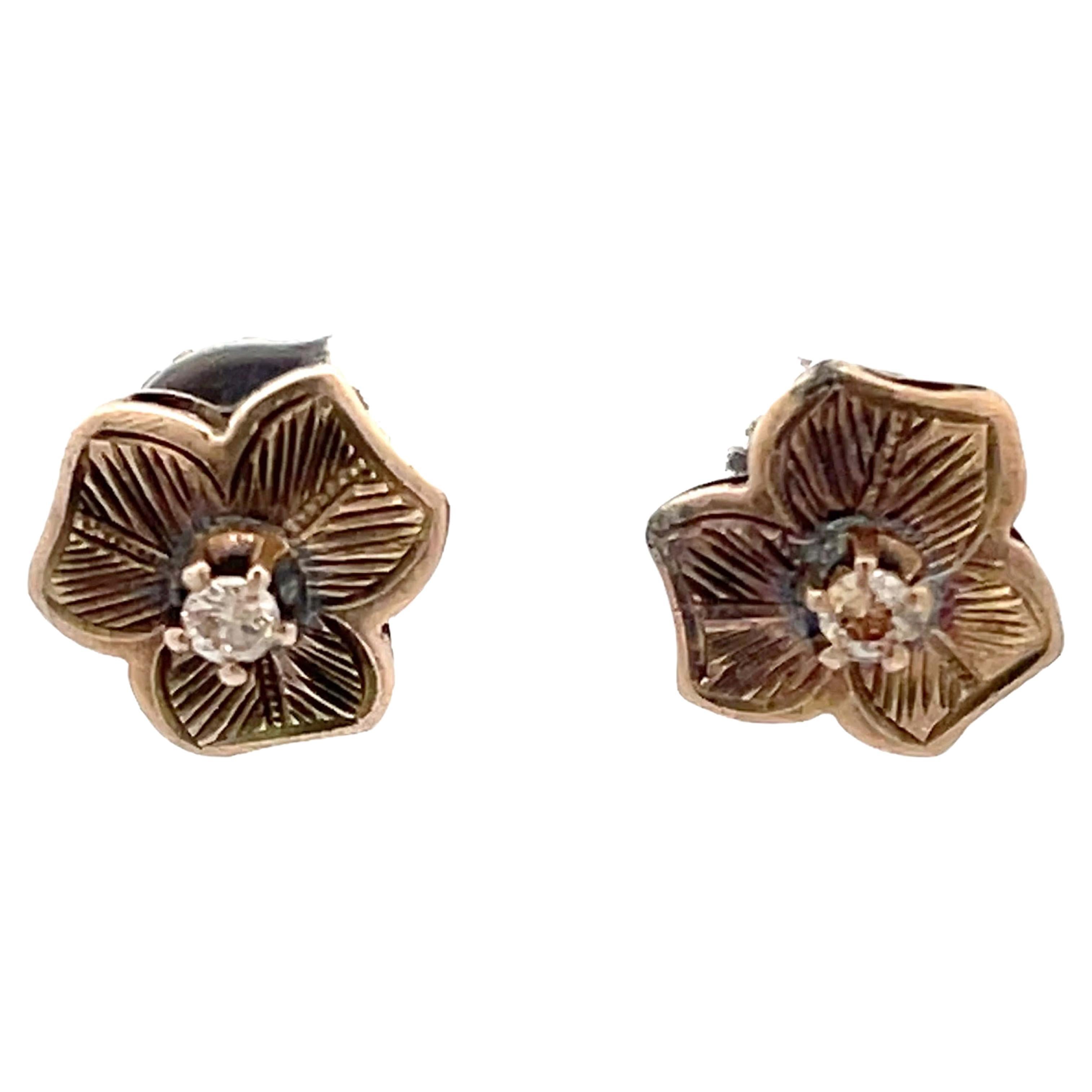 Victorian 3 Petal Floral Diamond Earrings in 14Karat Chocolate Gold For Sale