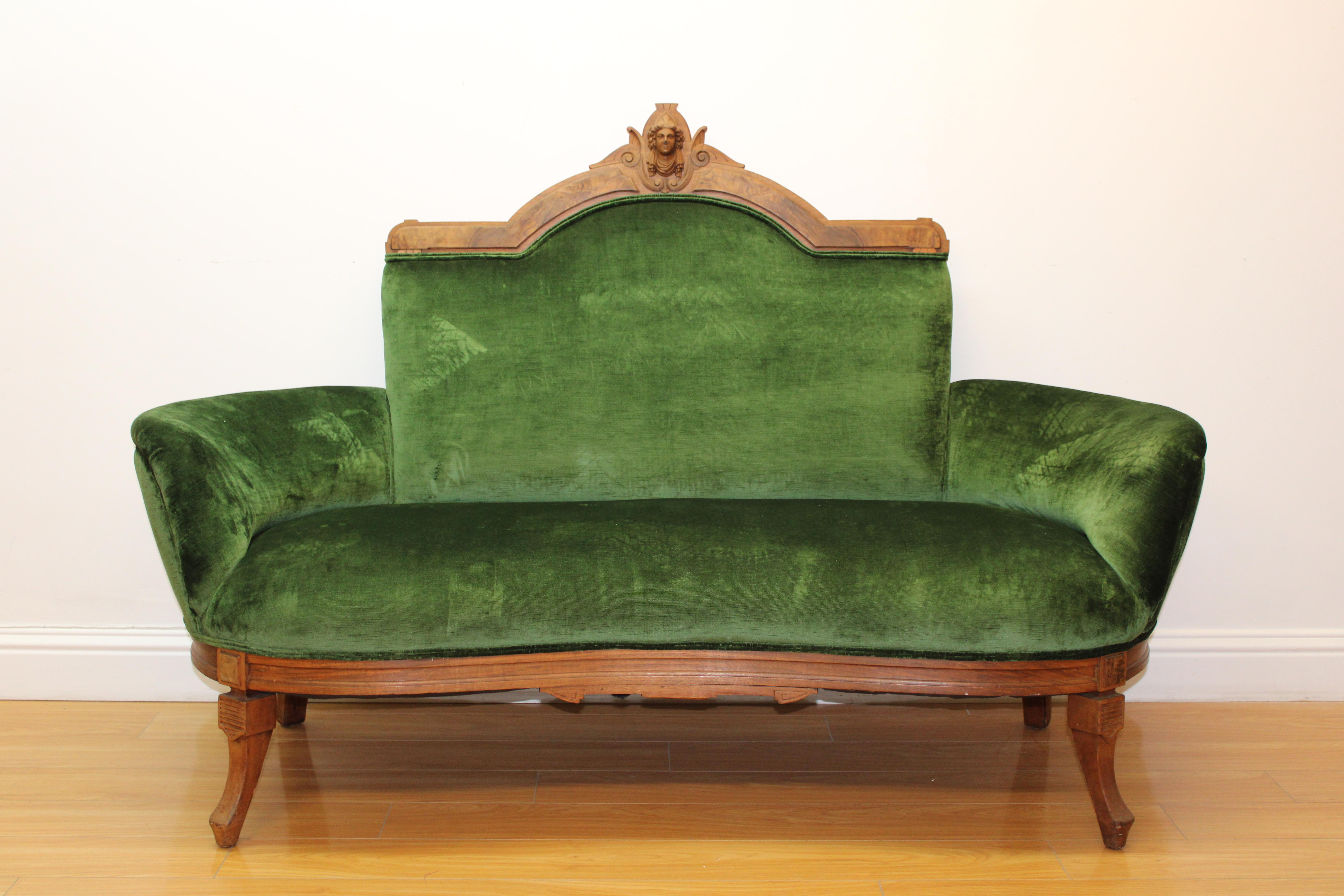 C. 20th century

Beautiful Victorian 3 Piece Parlor set.

Parlor set includes 1 settee / loveseat & 2 side chairs, This adorable set has hand carved wood heads & green velvet upholstery

Measurements of items 

Measures: Settee : 24